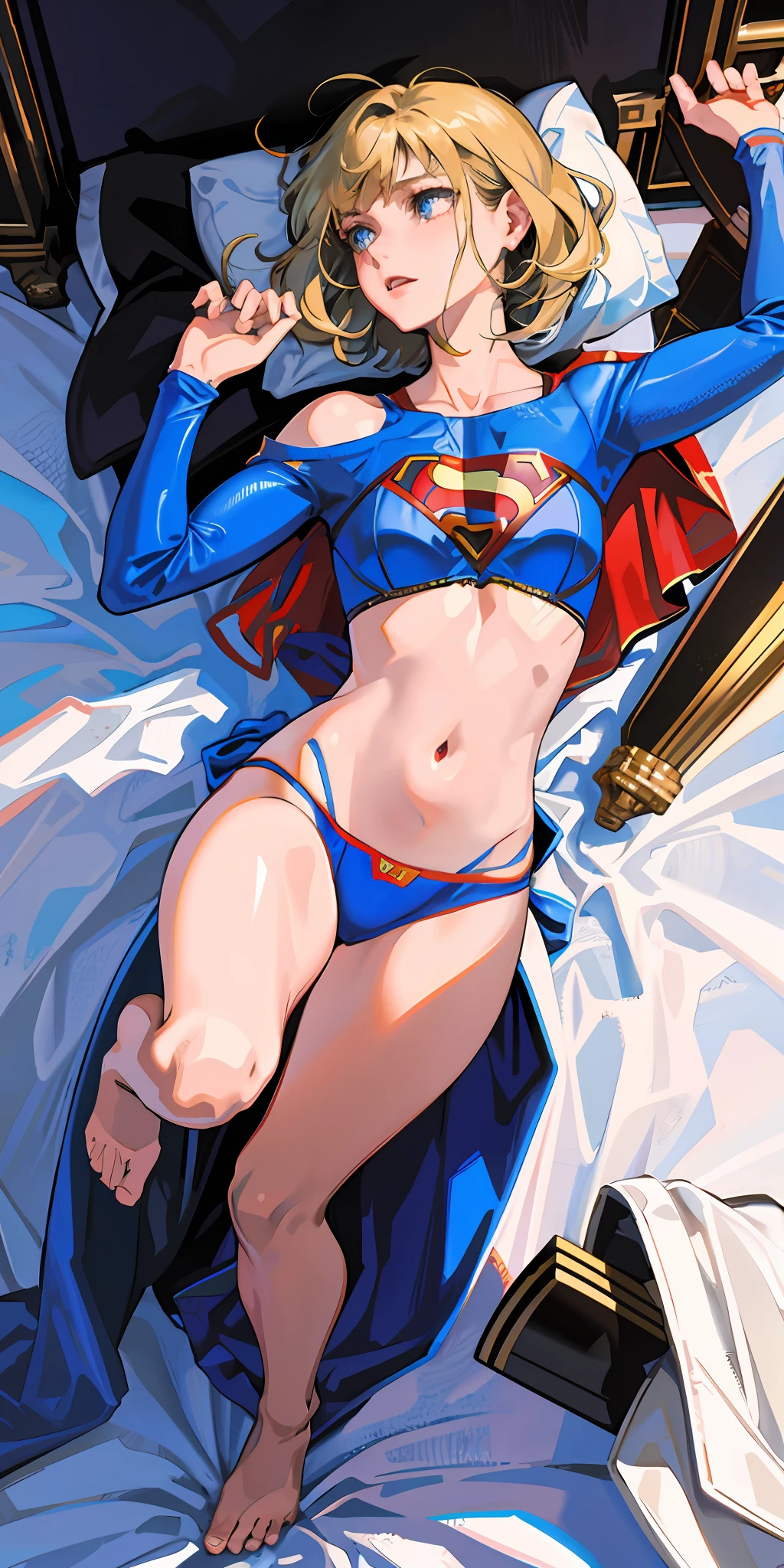 supergirl masterpiece, top quality, high resolution, solo, small, indoor, transparent, scruffy bra, t-back side tie, lying down, from above, open arms, anger, bed, shaggy underwear, rough breath, blonde, blue eyes, superman symbol, sexual expression