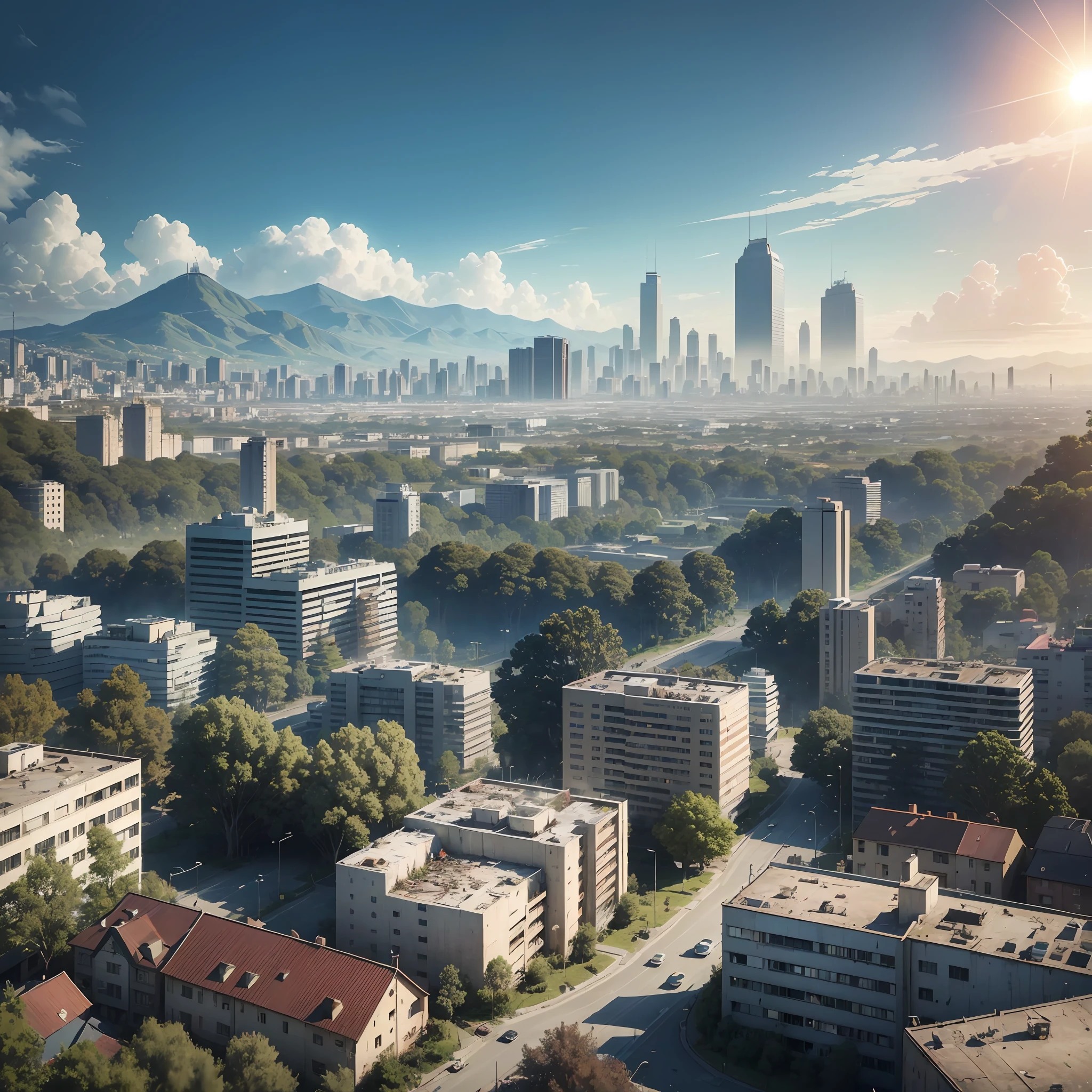 Best quality, realistic, ultra high resolution, (photorealistic:1.4), blue sky, sun, city surrounded by hills, many trees around the city, prian city, apocalyptic city, zombies, many zombies, realistic. --auto --s2