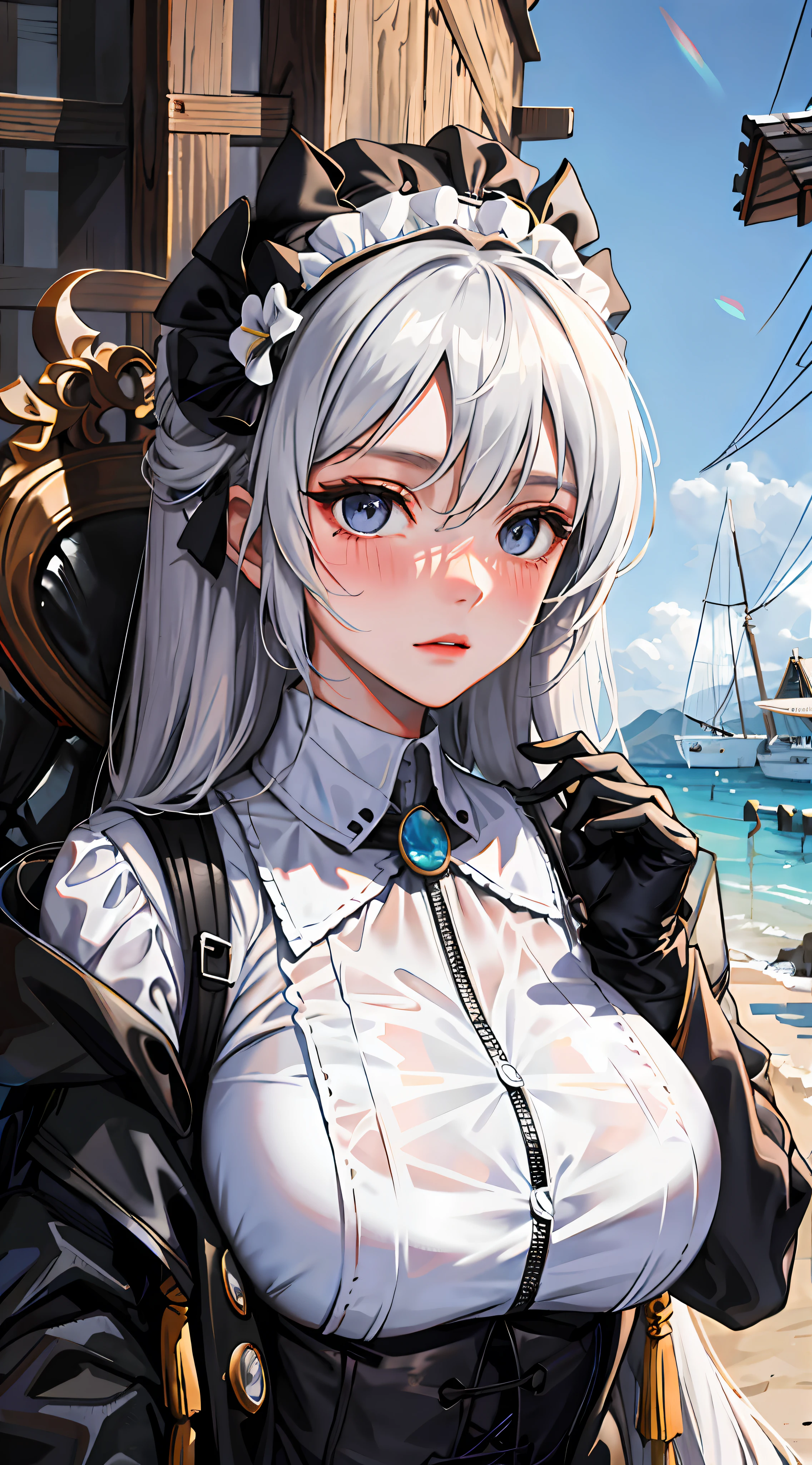 The eyes are covered with a thin white band, huge cleavage, blushing expression, huge chest