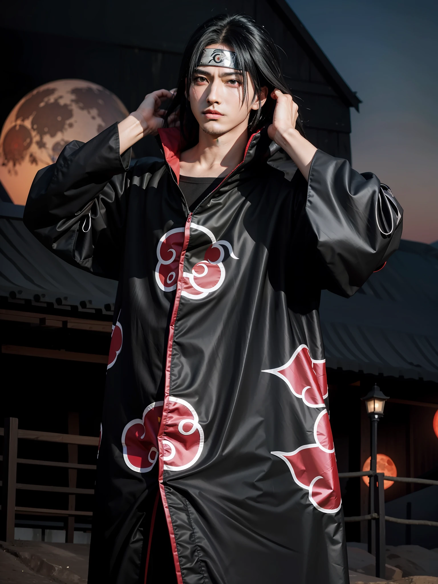 (Masterpiece), Uchiha Itachi (Best Quality), Super High Resolution, Professional Artwork, Super Detailed, Complex, Detailed Face, Perfect Lighting, 1 Boy, Black Hair, (Red Eyes, Glow Sharingan Eyes), Akatsuki Costume, Ninja, Black Cloak, Black Coat, Forehead Protection, (Collarbone), Mane, Head, Night, Night Sky, New Moon, (Red Moon, Crow), Angry Face, Hands on Their Head, Outdoor, (Cowboy Shot, Long Shot)