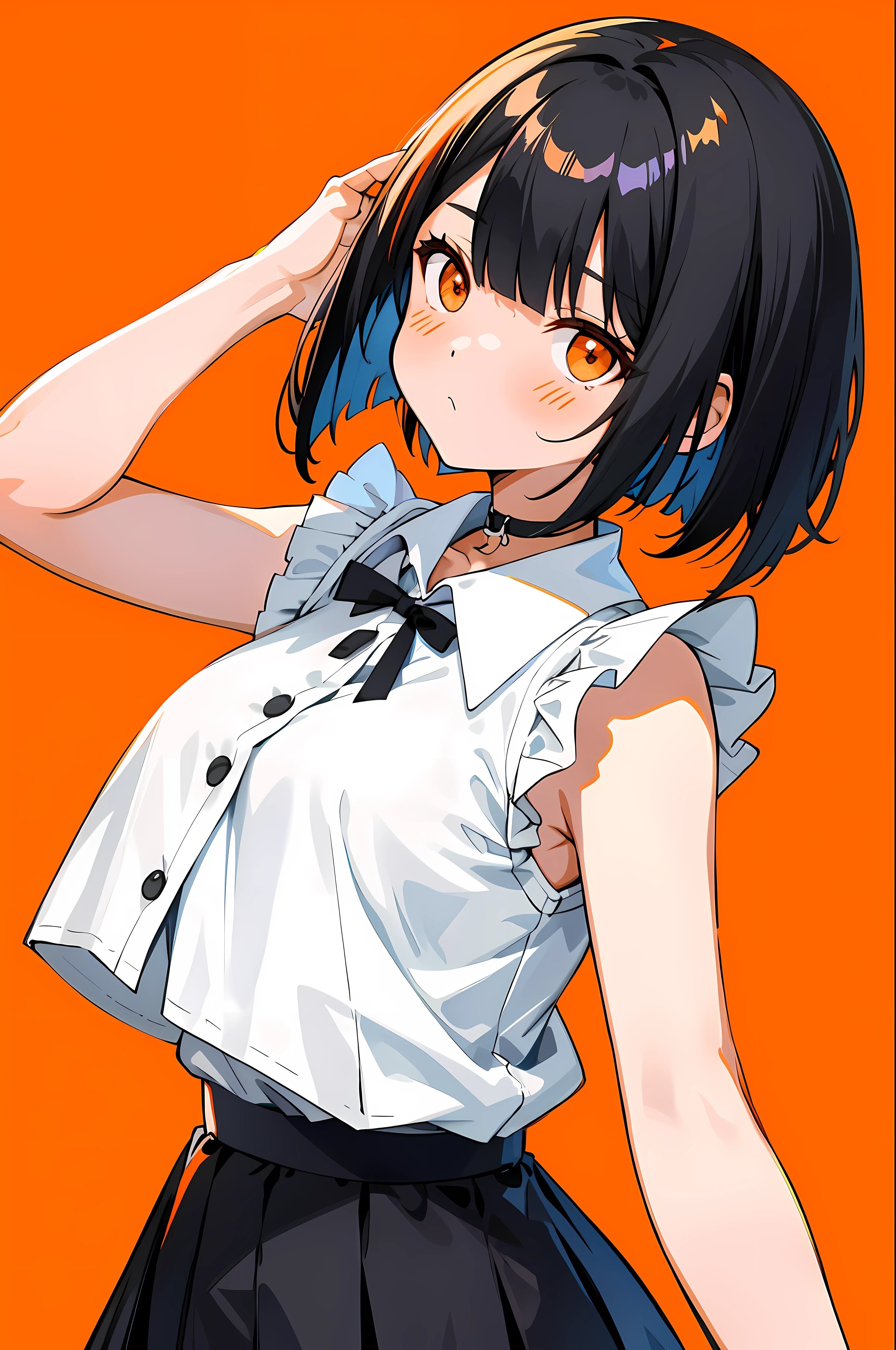 best quality, high-res, blur, 1girl, sleeveless white button shirt, black skirt, black choker, cute, (Kpop idol), (aegyo sal:1), (black reverse bob cut, short hair:1), ((orange eyes)), looking at viewer