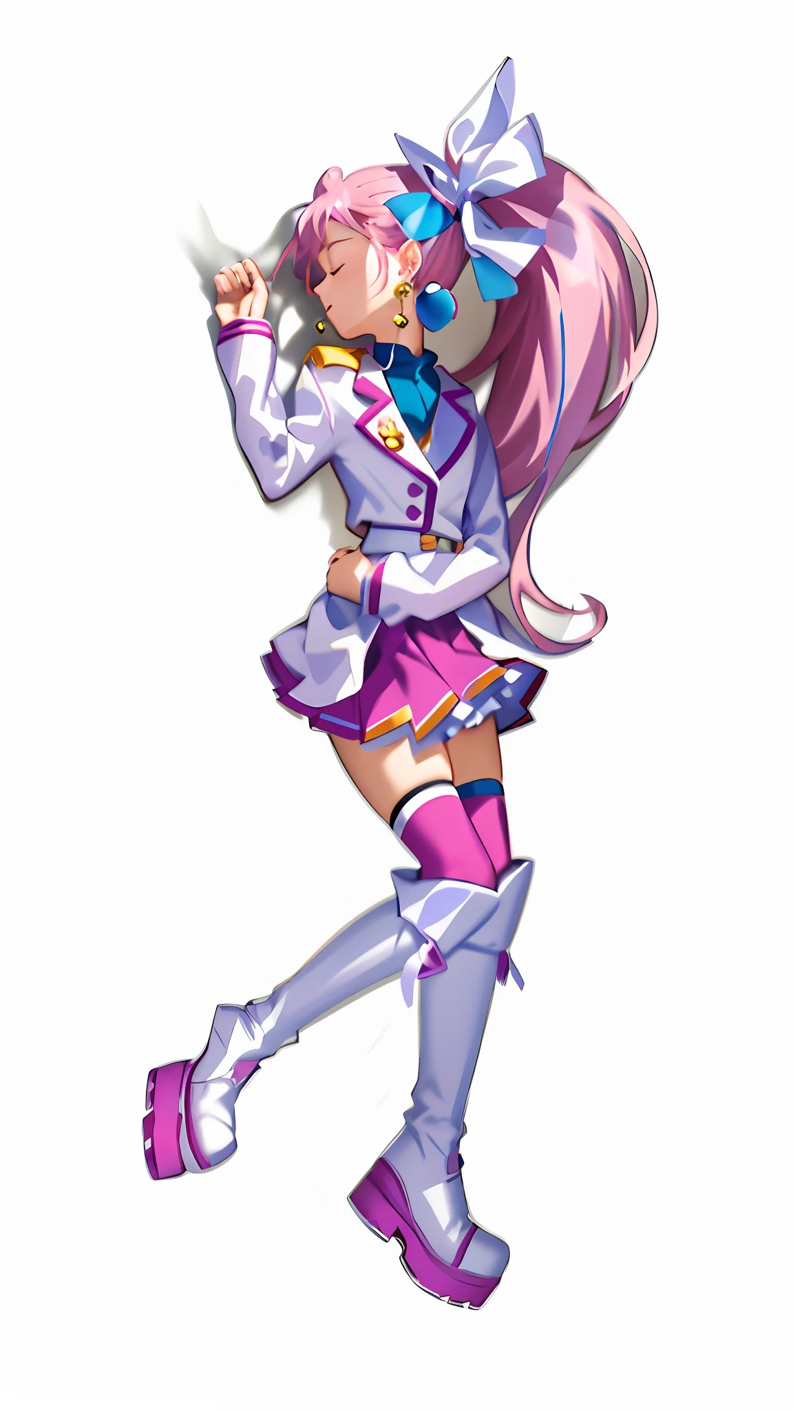 (Masterpiece: 1.5), (Best quality: 1.5), 8k,1 girl, closed eyes, pink hair, single ponytail, white top, pink pleated skirt, pink over-the-knee socks, white long boots, sapphire earrings, simple background
