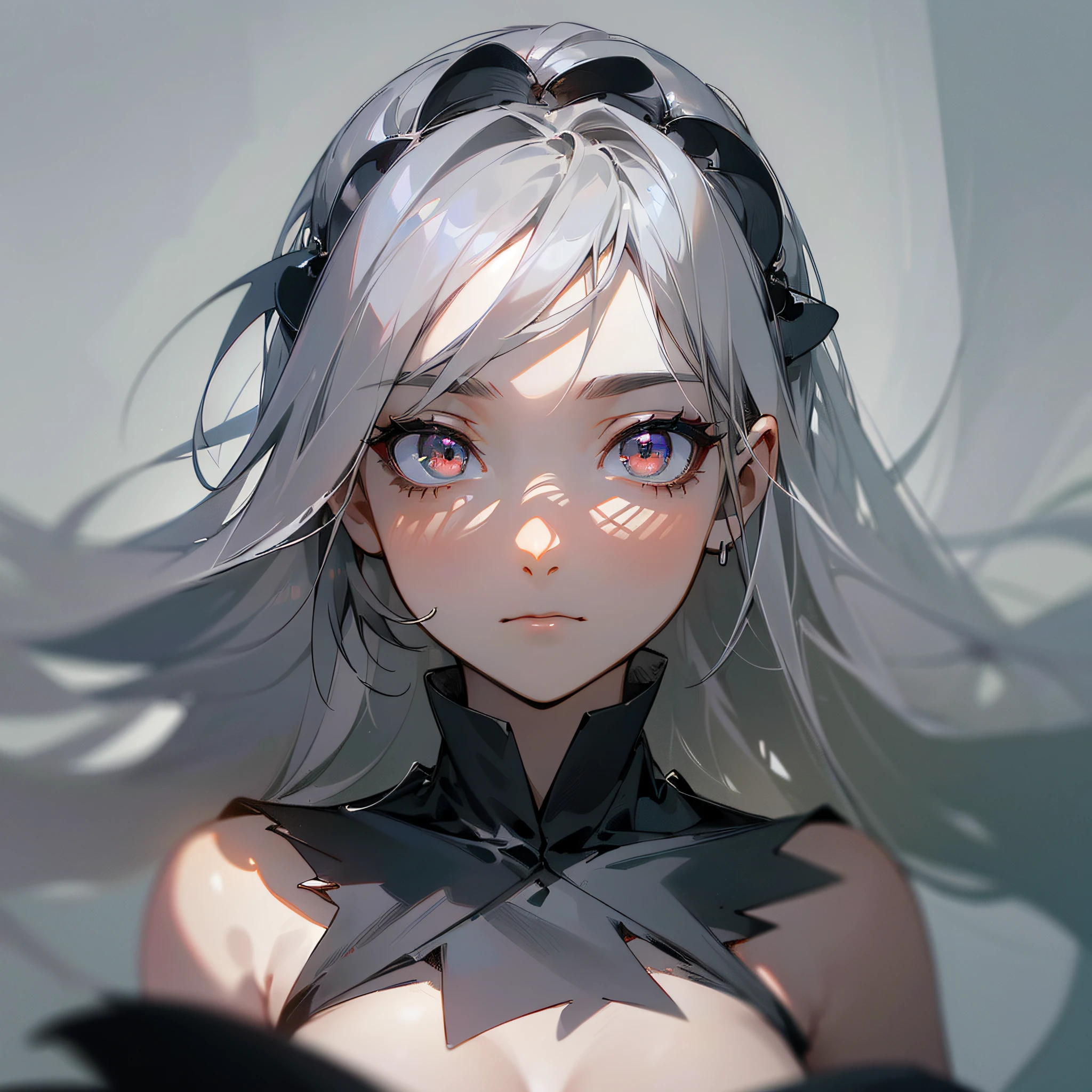 ((best quality, masterpiece, ultra-detailed), HD wallpaper, female, gray hair, (abnormal eyes + black silk), simple, elegant, floating, dynamic posture, atmospheric depth of field, light and shadow, natural expression, deep eyes) --auto --s2