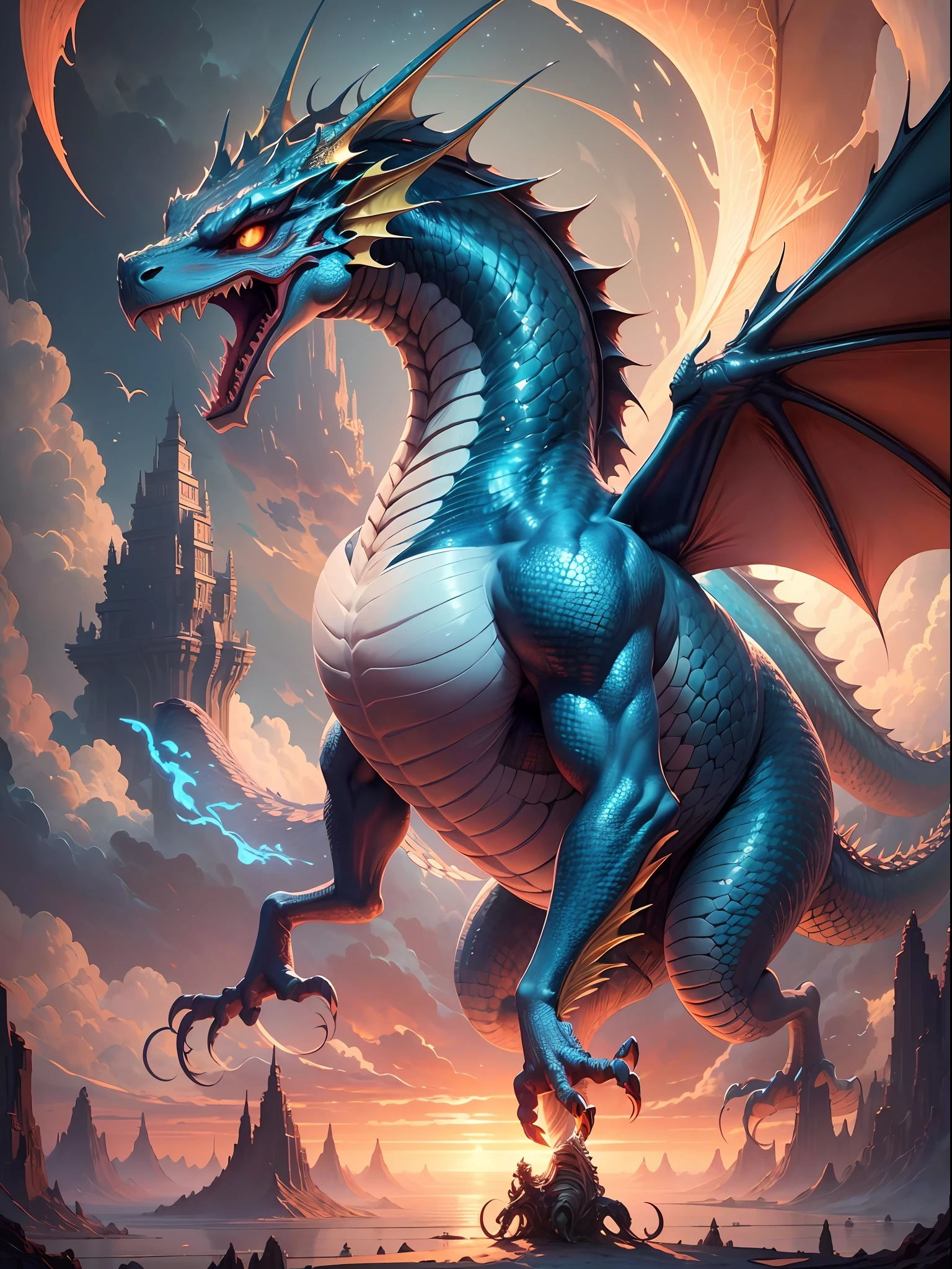 (Ultra detailed CG Unity 8k wallpaper, masterpiece, stunning illustration), sky with oriental dragon, a man, melon face, best lighting, best shadow, extremely exquisite beautiful surrealist style --auto --s2