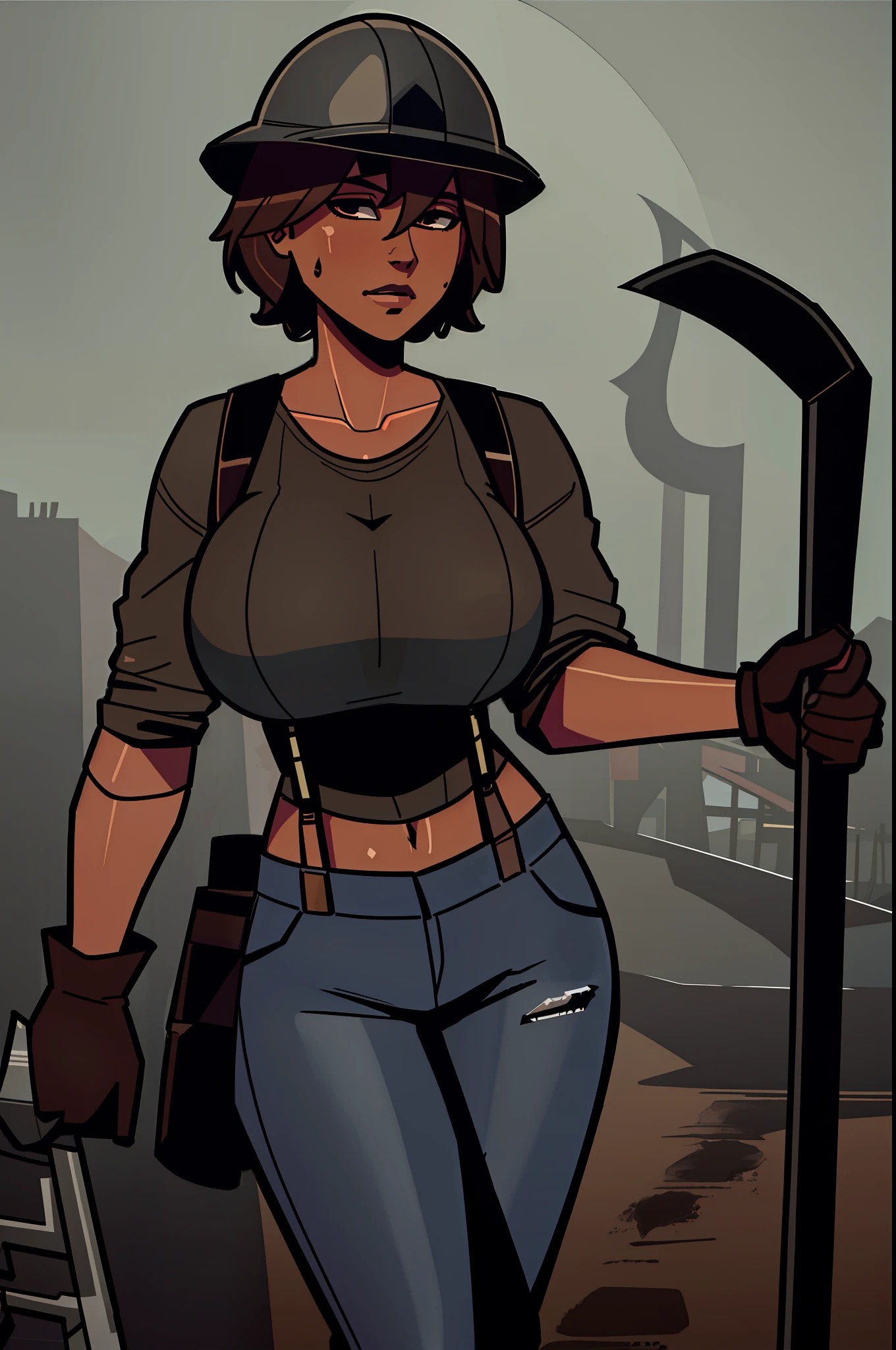 balsamique, masterpiece, best quality, 1girl, solo, 1girl, large breasts, dark skin, tanned skin, dirty shirt, soot covered face, pickaxe, miner's helmet, short brown hair, oversized jeans, suspenders, work gloves, wiping sweat from brow, holding pickaxe, underground, dirty, diamond, ruby,