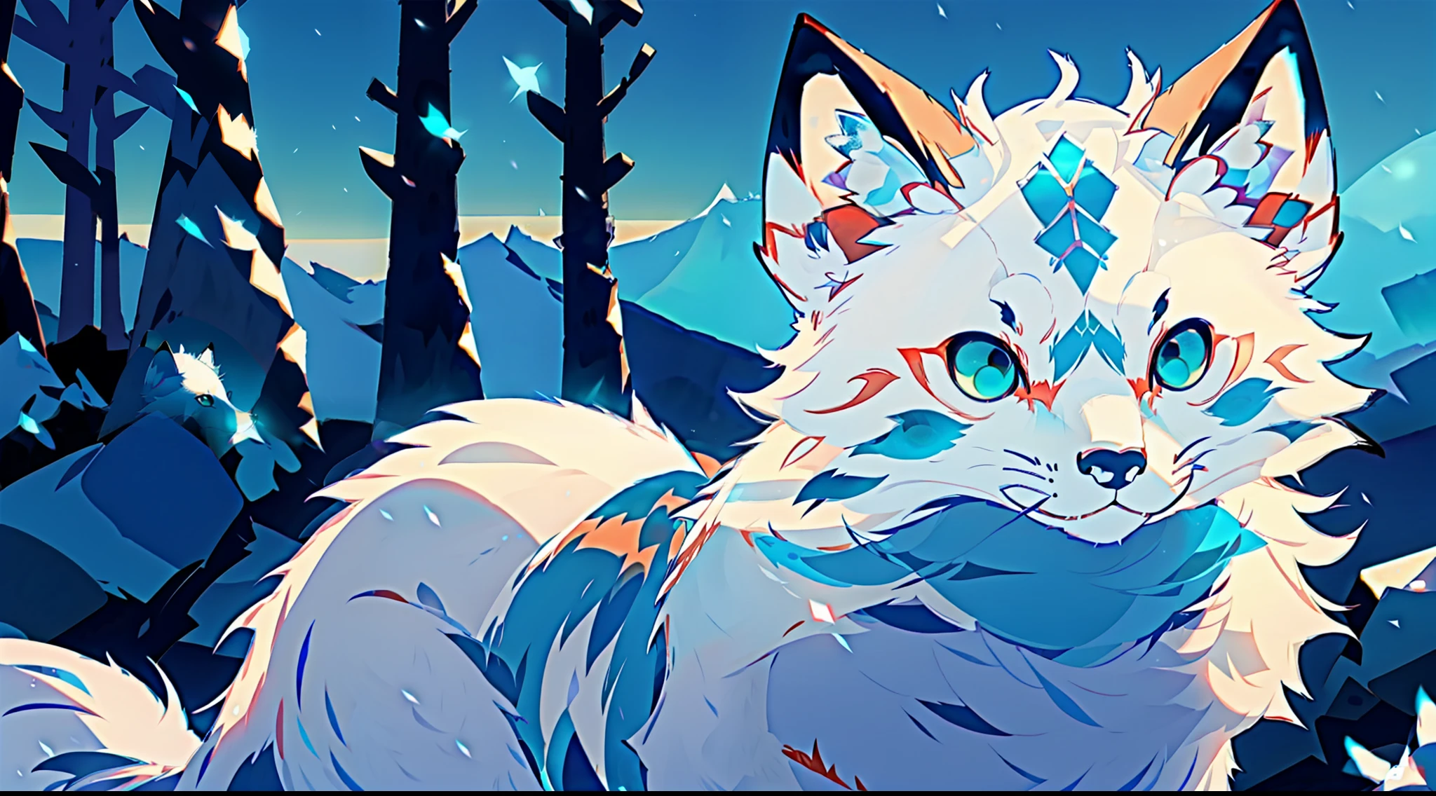 Arctic fox, close-up, beautiful and mysterious arctic fox. Thick soft fur, soft, delicate hair, clear texture. Small ears and nose, extra-long fluffy tail, clear and sharp eyes, as if looking at something. Beautiful background, thick snow. In the distance is an endless sea of ice, illuminated by the sunlight, in various shades of blue. The colorful aurora in the sky, as if the most beautiful music in the world, illuminates the whole picture.