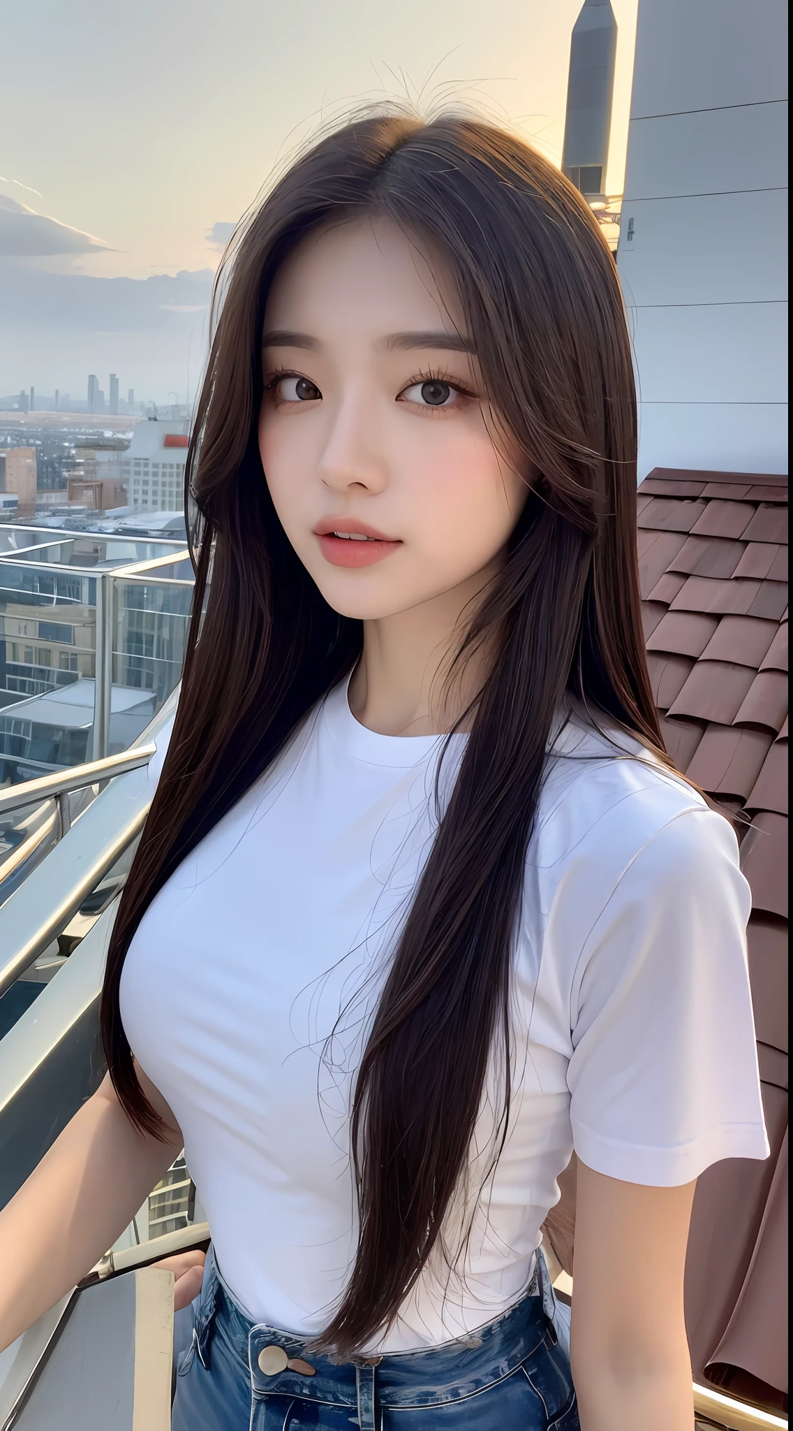 ((Midnight, Best quality, 8k, Masterpiece :1.3)), Whole body, Long legs, Sharp focus :1.2, A pretty woman with perfect figure :1.4, Slender abs :1.1, ((Dark brown hair, Big breasts :1.2)), (White tight tshirt, Jean bib, Standing:1.2), ((Night city view, Rooftop:1.3)), Highly detailed face and skin texture, Detailed eyes, Double eyelid