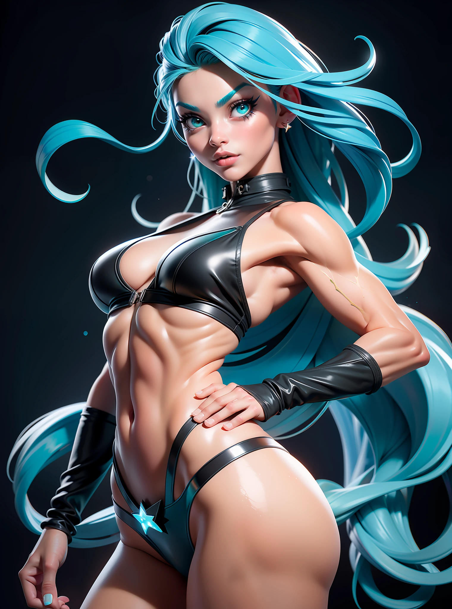 ((Best Quality)), ((Masterpiece)), ((Realistic)) and ultra-detailed photography of a girl with goth colors. She has ((turquoise hair)), wears a (small black micro-thong, black micro-bikini:star motif ) , ((beautiful and aesthetic)), muscular fit body abs, sexy, under-boobs, hot, (clear star filled sky background)
(clear background:1.35), (particles ,firefly, blue glowing):1.3,