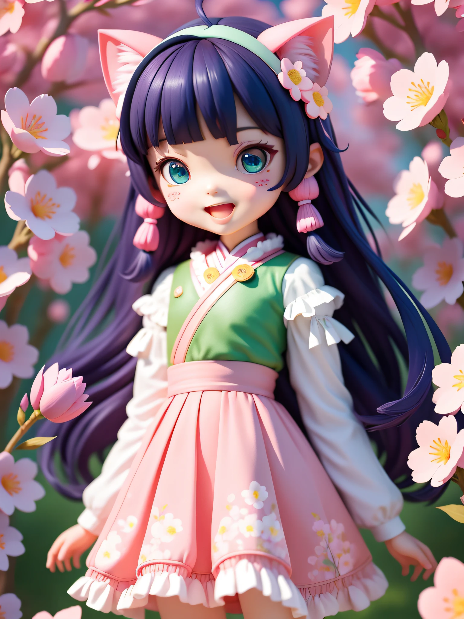 (Daisaku), (Excellent), (Super Meticulous), Shoujo, 1girl, Chibi, Cute, Smile, Open Mouth, Flower, Outdoor, A Pink Kitten, Blush, Cherry Blossom Tree, :3, Broken Flower Dress, Long Dark Blue Hair, Sakura, Green Headdress, Confusion, Blush Sticker, Long Sleeves, Bangs, Pink Flower, (Beautiful and Delicate Face), (Beautiful Delicate Eyes), (Beautiful and Delicate Cat Ears),