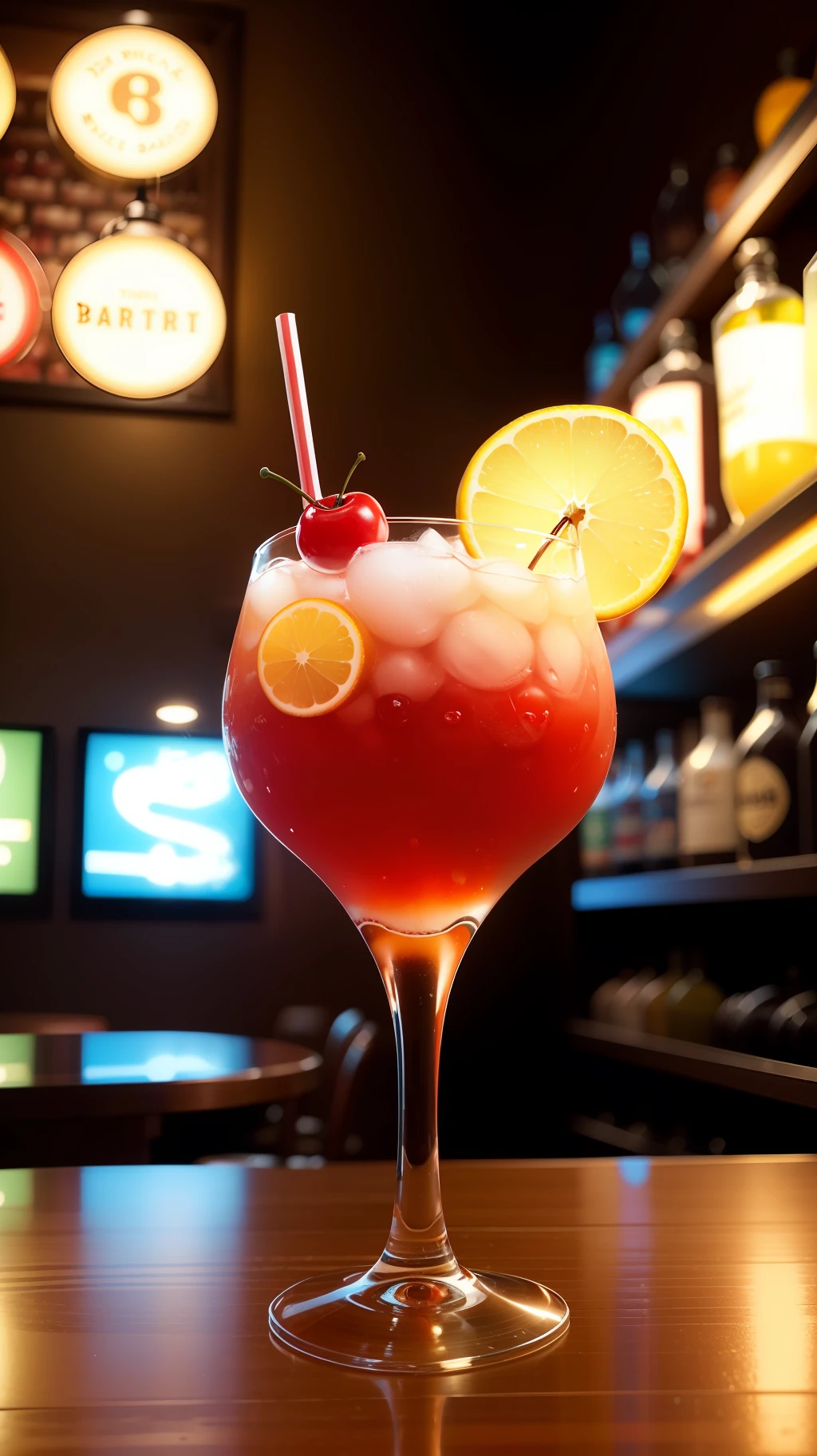 The vintage bar has a glass inside with a colorful strong mocktail decorated with cherries in the high-tech style bar