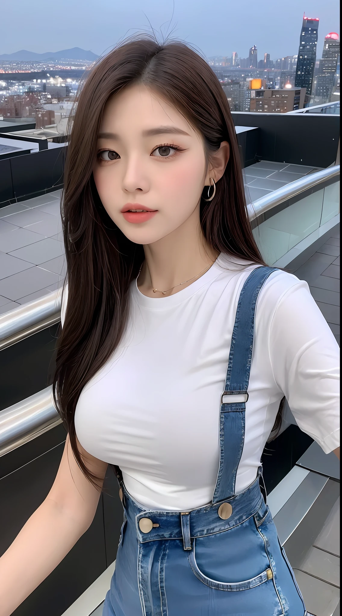 ((Midnight, Best quality, 8k, Masterpiece :1.3)), Whole body, Long legs, Sharp focus :1.2, A pretty woman with perfect figure :1.4, Slender abs :1.1, ((Dark brown hair, Big breasts :1.2)), (White tight tshirt, Jean bib, Standing:1.2), ((Night city view, Rooftop:1.3)), Highly detailed face and skin texture, Detailed eyes, Double eyelid