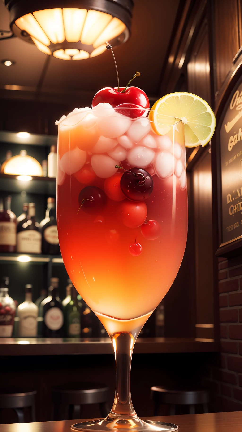 The vintage bar has a glass inside with a colorful strong mocktail decorated with cherries in the high-tech style bar