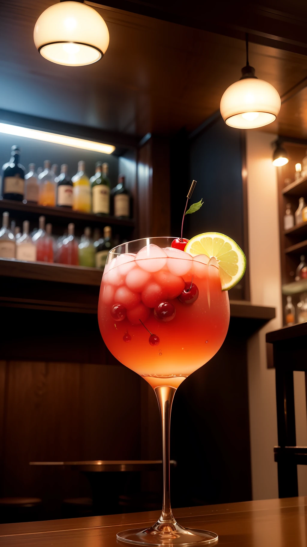 The vintage bar has a glass inside with a colorful strong mocktail decorated with cherries in the high-tech style bar