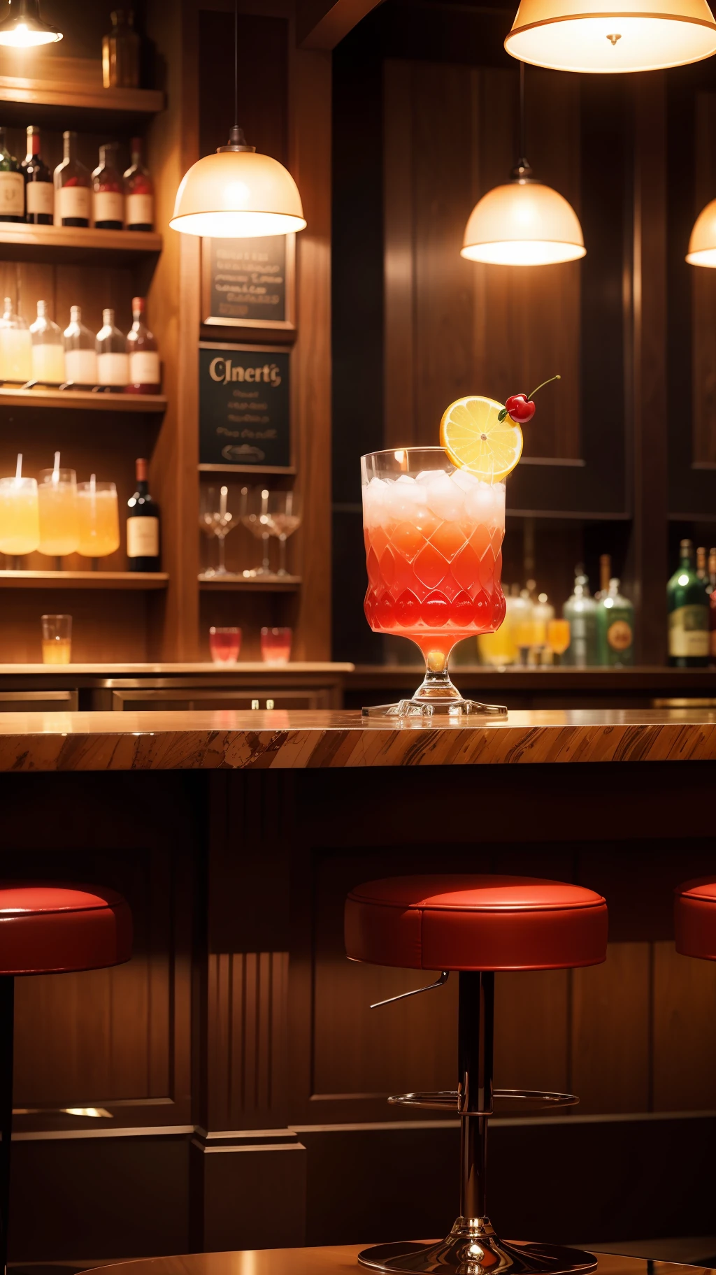The vintage bar has a glass inside with a colorful strong mocktail decorated with cherries in the high-tech style bar