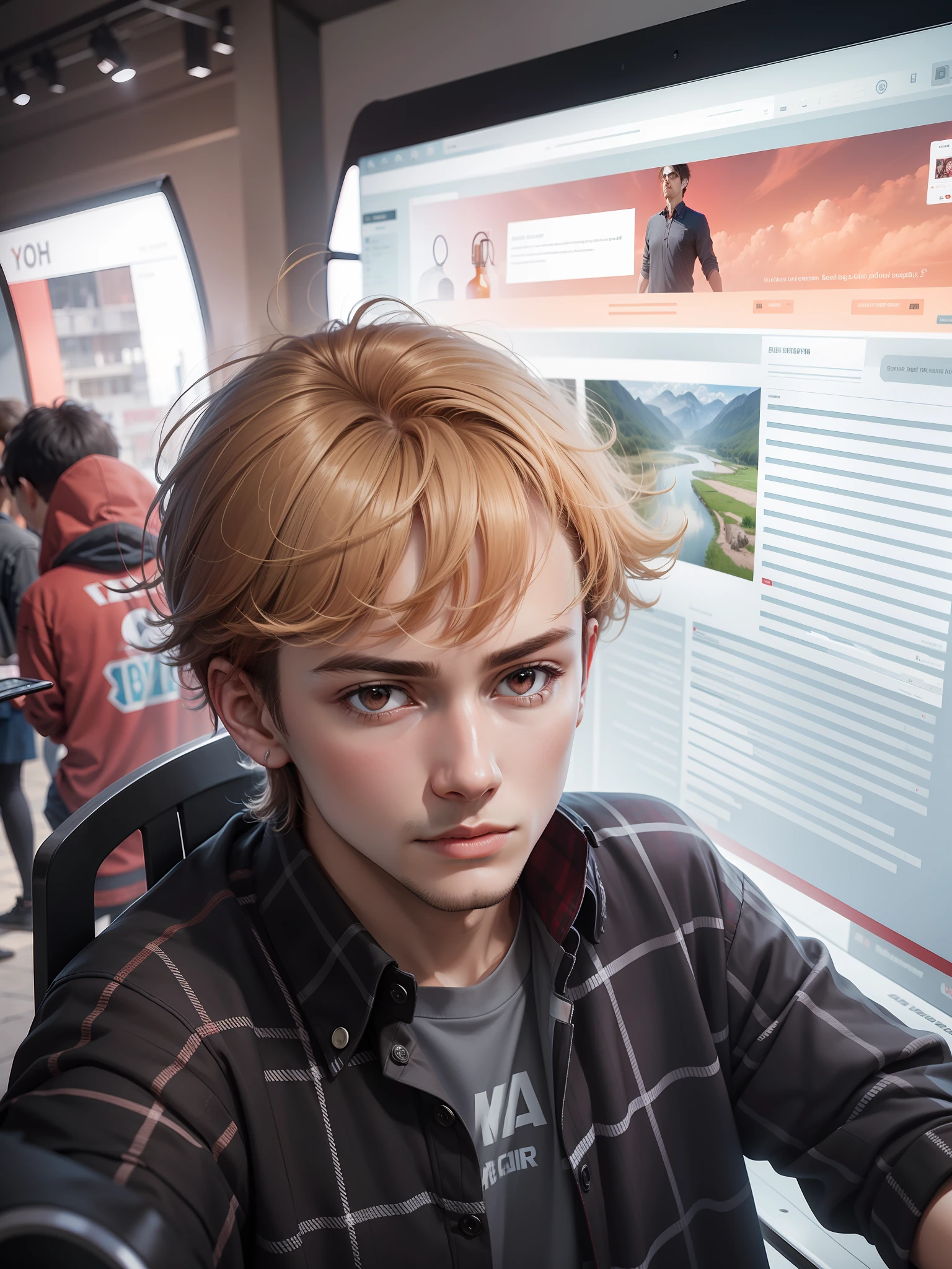 Improve the resolution and quality of the photo. Background on the site .exchange background. Red plaid shirt