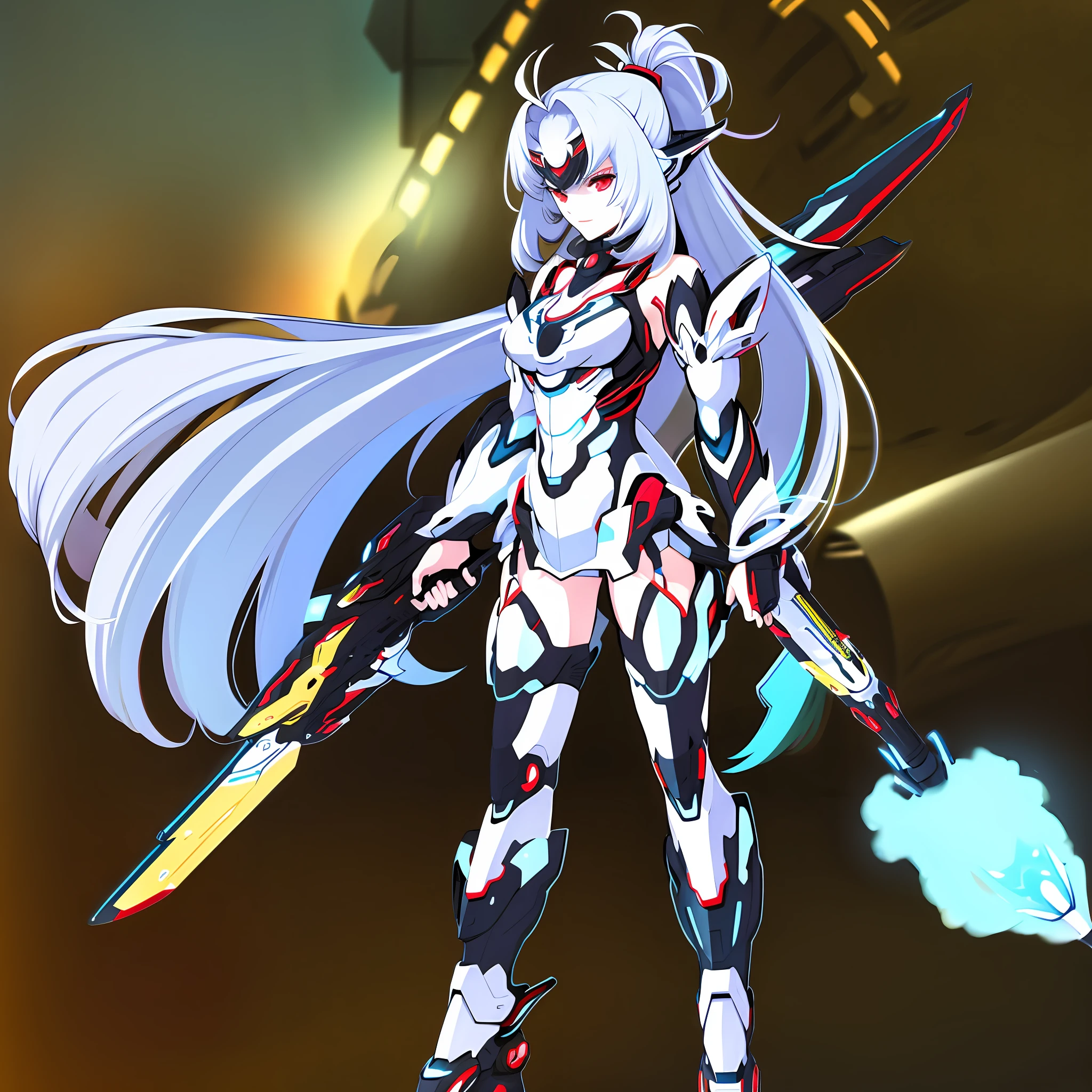 Mecha girl, long silver hair, high ponytail, smooth body line, holding a weapon,