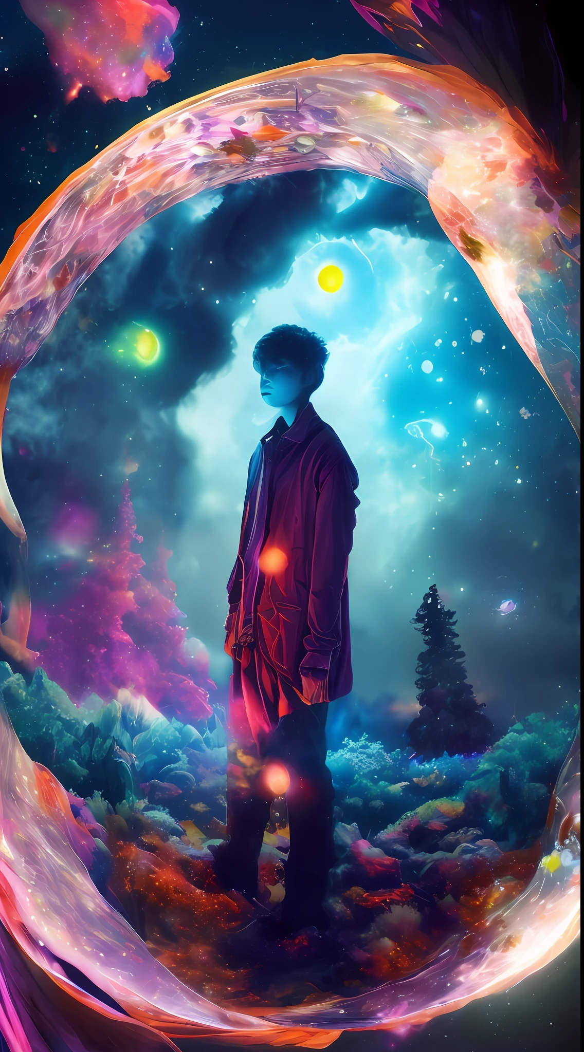 Incredible and spectacular scene, a "((high quality)), (detailed)), ((fantasy)), illustration, perspective (45 degree tilt angle), theme (enchanted forest style), scene elements (handsome boy, beautiful girl), picture quality (3D rendering effect), exquisite details, beautiful lights "emerge from glowing clouds, fractal nebula lines, cosmic entities, celestial bodies, universes, vibrant and vivid, swirling, rotating, impractical, high contrast, co-metabolic, magical, mysterious, mysterious, surreal, Oversaturated, colorful