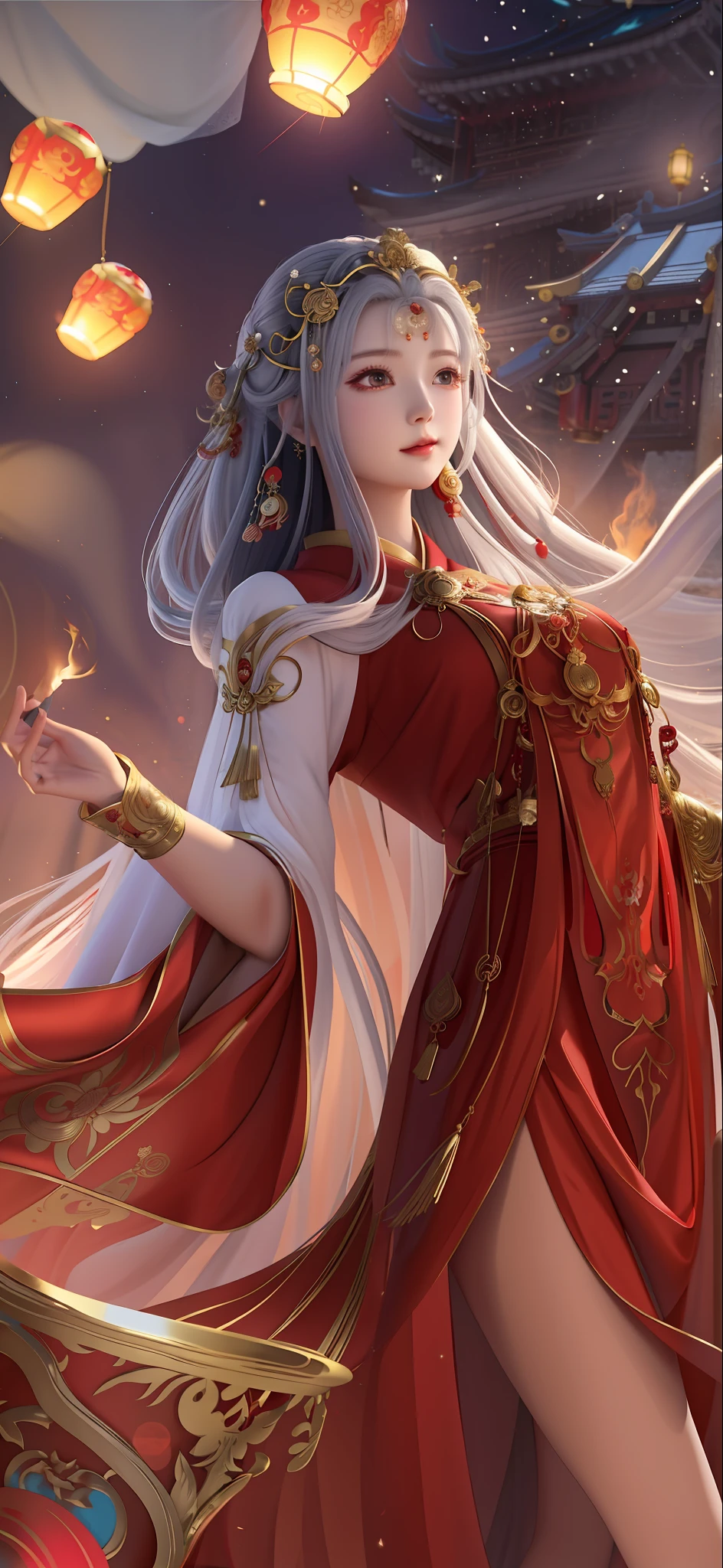 a woman in a red dress holding a lantern in her hand, flowing magical robe, a beautiful fantasy empress, beautiful celestial mage, flowing hair and long robes, anime goddess, goddess checking her phone, appears as the fire goddess, inspired by Ju Lian, by Yang J, white haired deity, full body xianxia, wearing gilded red robes, flowing robes