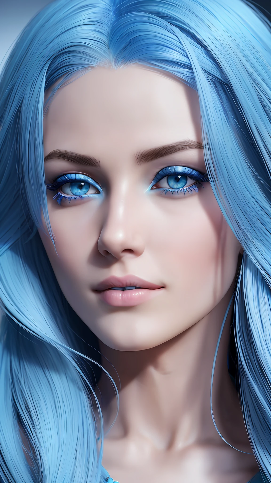 a woman with blue hair and blue eyes is posing for a picture, realistic digital art 4 k, realistic digital art 4k, azure. detailed hair, blue realistic 3 d render, digital fantasy portrait, pretty girl with blue hair, beautiful blue haired girl, girl with blue hair, gorgeous digital art, 4k highly detailed digital art, 4k detailed digital art