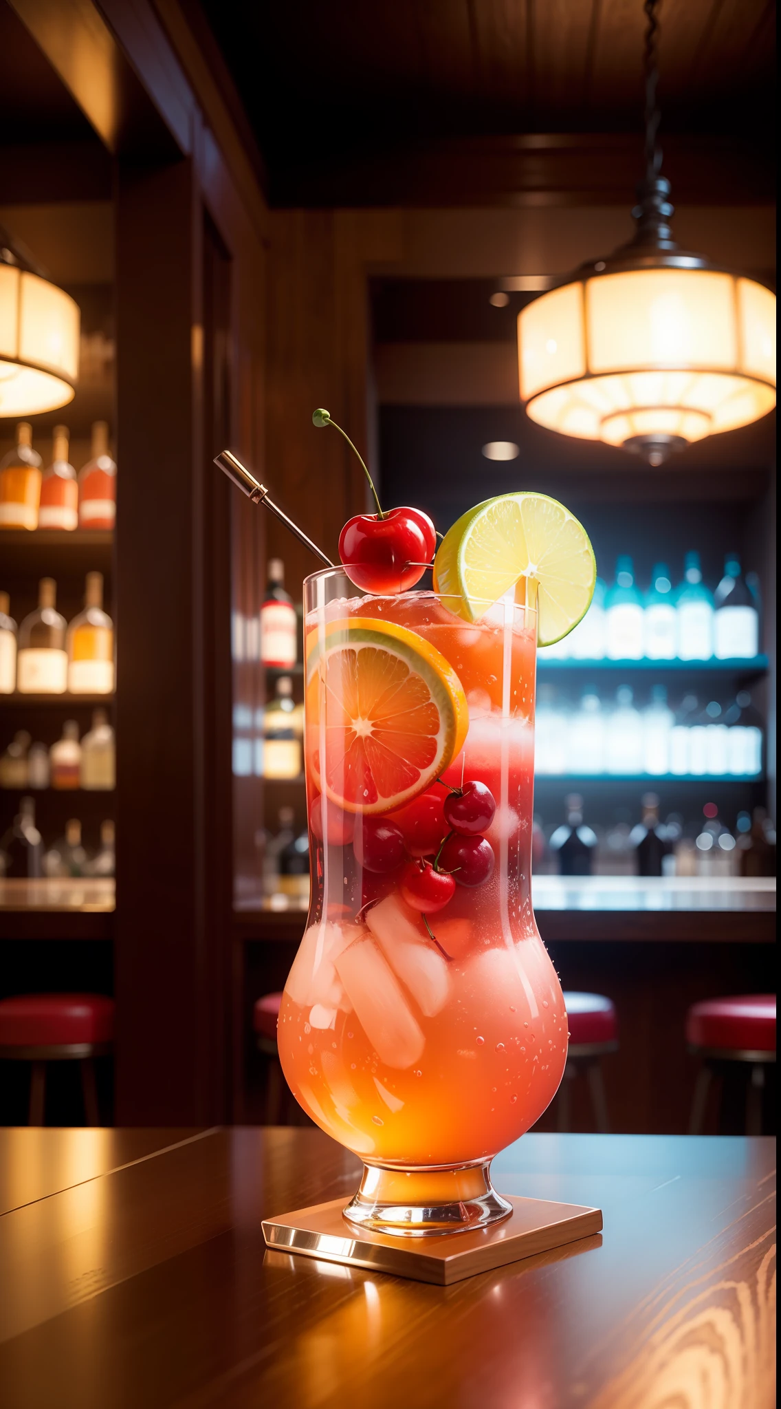 The vintage bar has a glass inside with a colorful strong mocktail decorated with cherries in the high-tech style bar