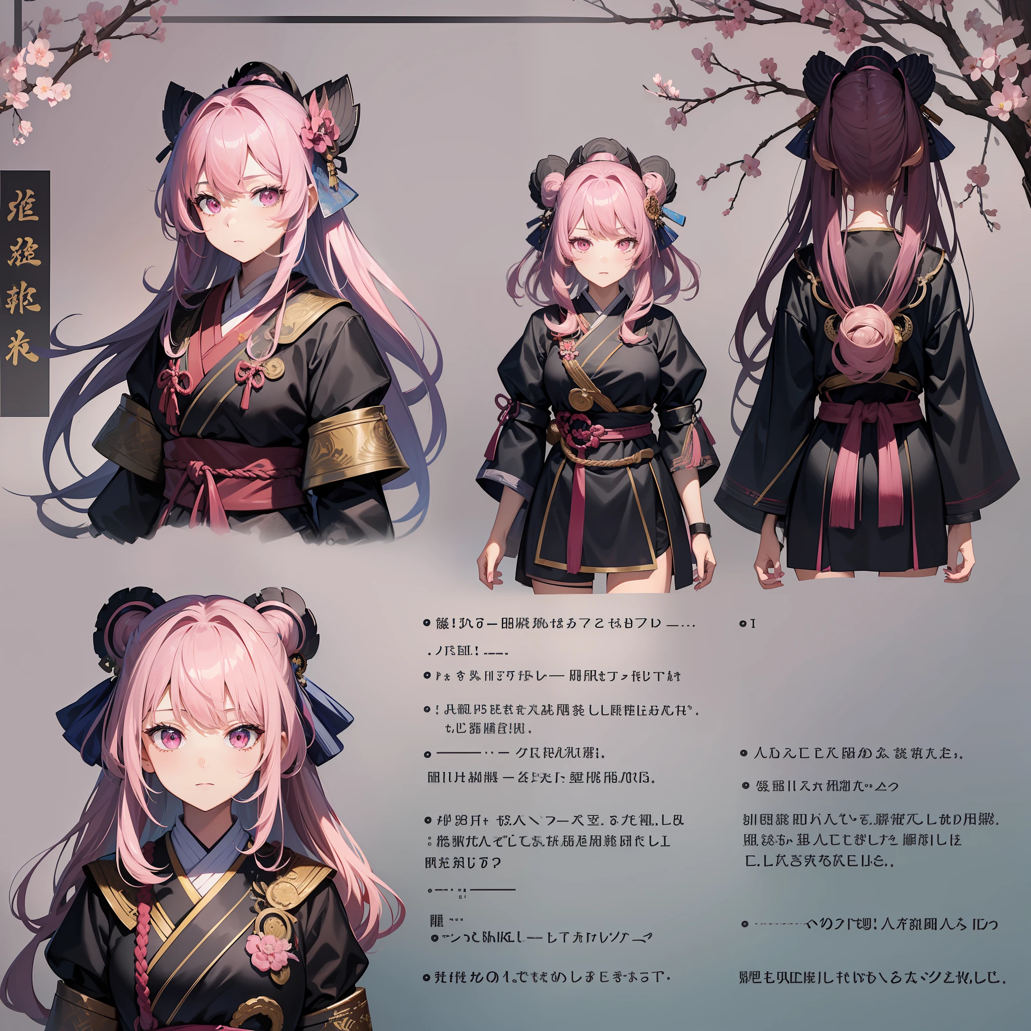 ((masterpiece)),(((best quality))),(character design sheet, same character, front, side, back), illustration, 1 girl, hair color, bangs, hairstyle fax, eyes, environment change scene, hairstyle fax, woman, samurai clothing, pink hair, pink eyes, (single background, white background: 1.3), --6