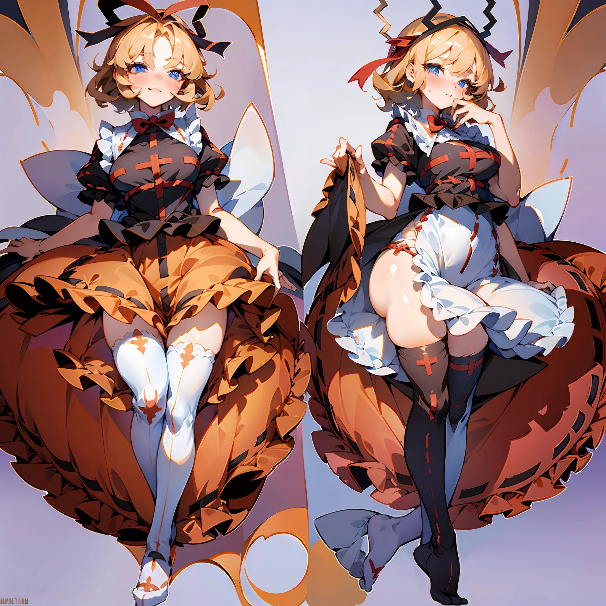 Masterpiece: 1.6, best quality: 1.4, live image: 1.2, intricate details: 1.2, charturnerv2: 1.2, 1lady full body character change, Appearance: young: 1.25, thin: 1.3, blue eyes, thick eyelashes,large , detailed eyes, quality eyes, Clothing: red skirt, bubble skirt, black shirt Accessories: red bow, red ribbon, Hair: blonde hair, short hair, semi curly hair, natural, shiny skin, (single background, white background:1.8), transparent Background, multiple views, multiple views of the same character in the same outfit: 1.3., character sheet: 1.2, multiple facial expressions: 1.3, seductive smile, sexy, sed face, white legwear, white thighhighs, blush, nose blush:1.2, wide hips, superb, thighs,