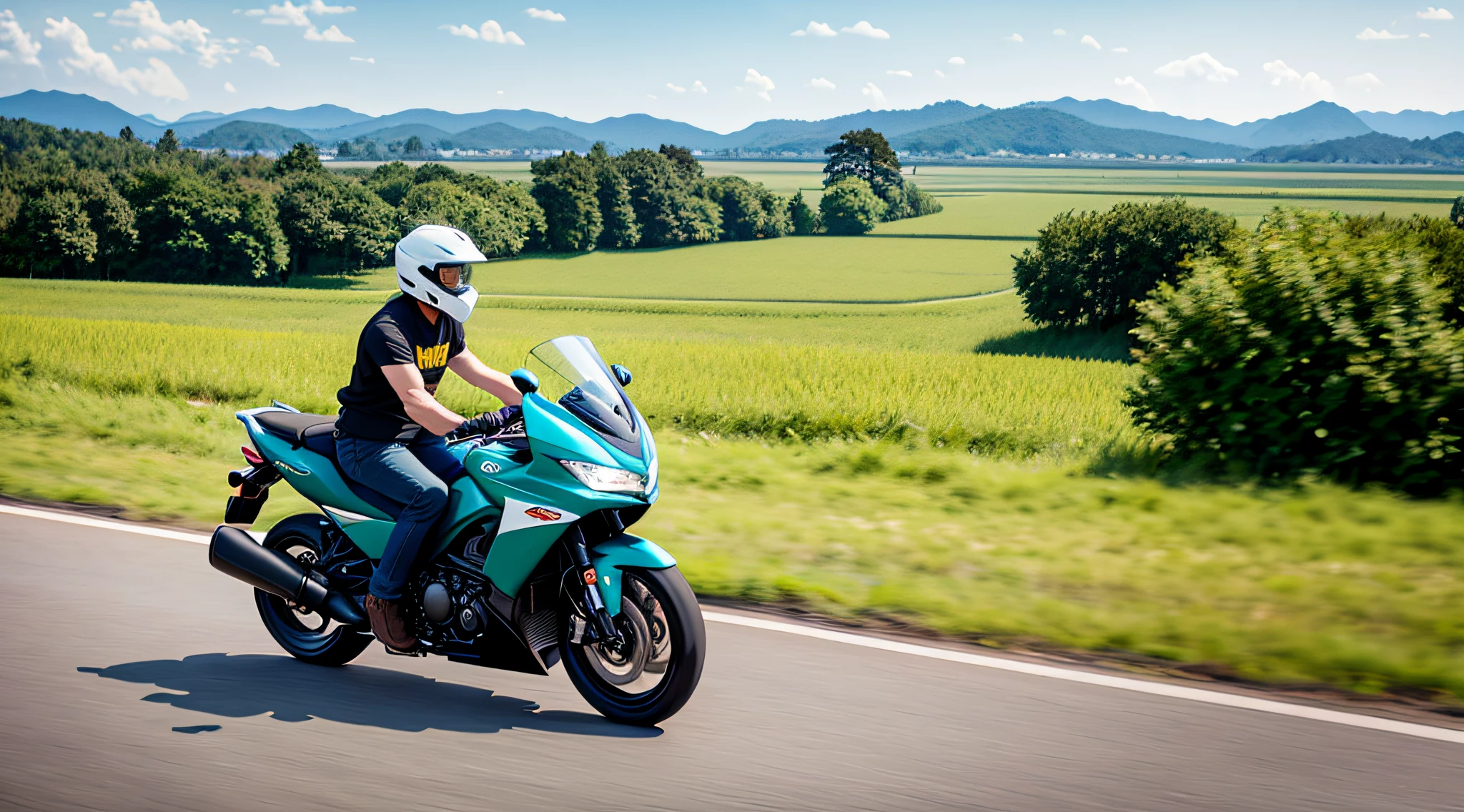 [Illustration storyboard] comic page, there are multiple panels on one page: a Chinese, white helmet, black T-shirt, grass green backpack, riding a blue-white motorcycle, driving on the road (medium view, motion blur), and a vast rice field in the background (long view, wide-angle lens, increased depth of field). [Multi-angle continuous shooting] in Andreas Rocha style, motion picture film p30