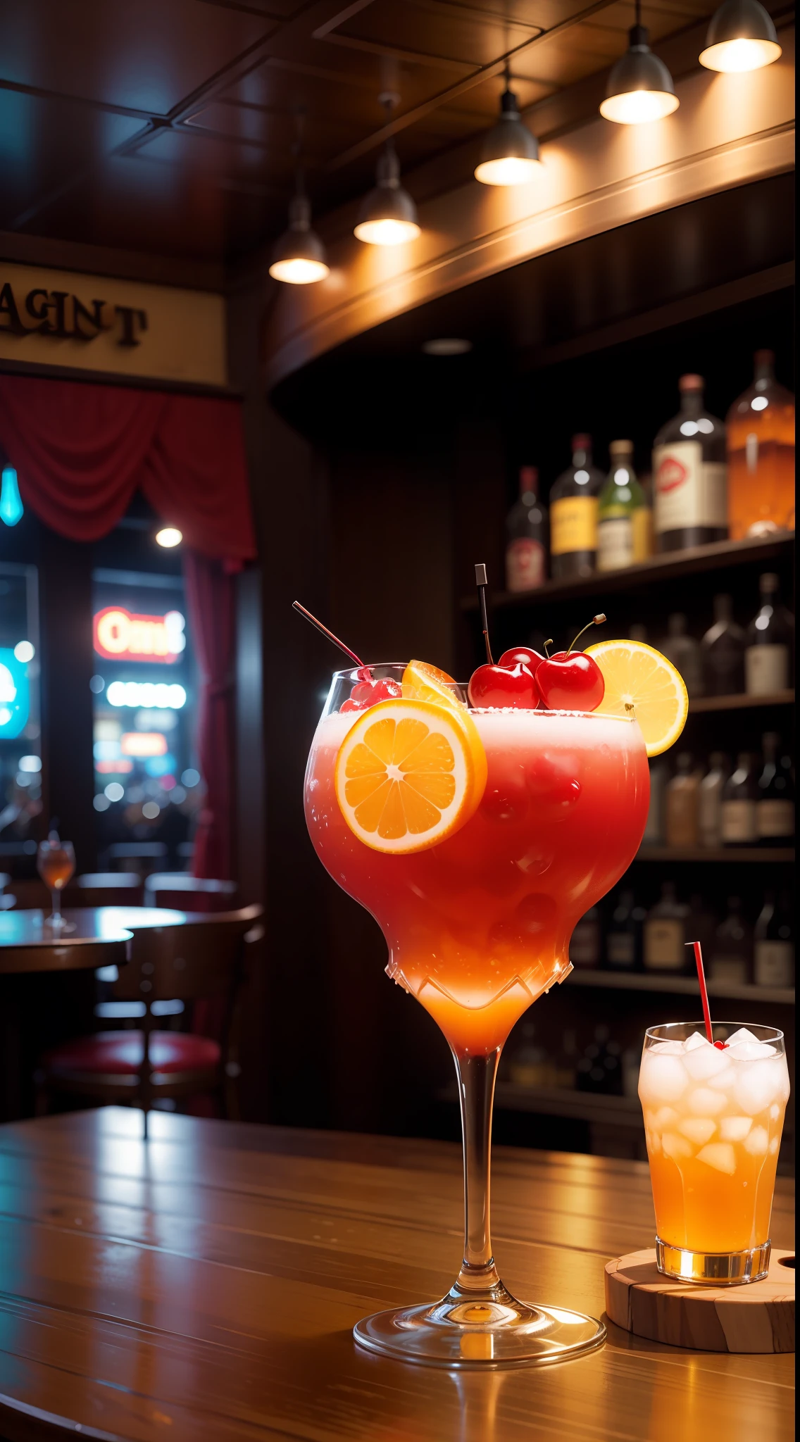 The vintage bar has a glass inside with a colorful strong mocktail decorated with cherries in the high-tech style bar