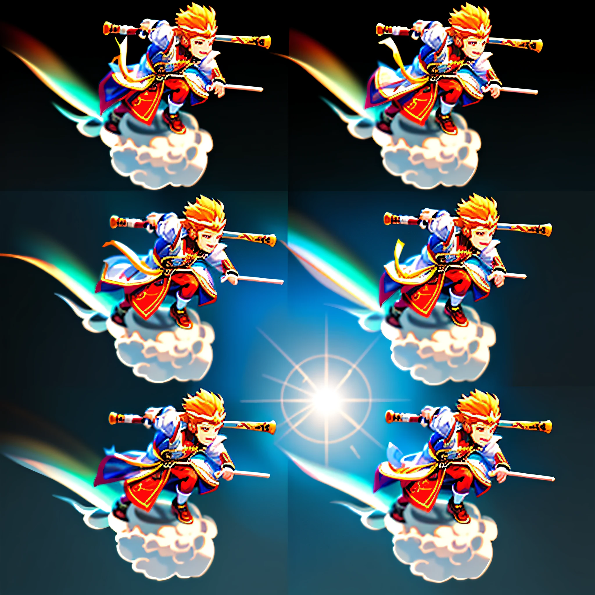 Four images of a man riding on a cloud with a stick, golden hoop stick, Dinghai God needle, Wukong, Sun Wukong, inspired by Hu Zaobin, inspired by Li Kan, elf watch, set of high quality HD elves, Yasuke 5 0 0 px model, detailed bushido form smoke, inspired by Cheng Jung-kyu, no background