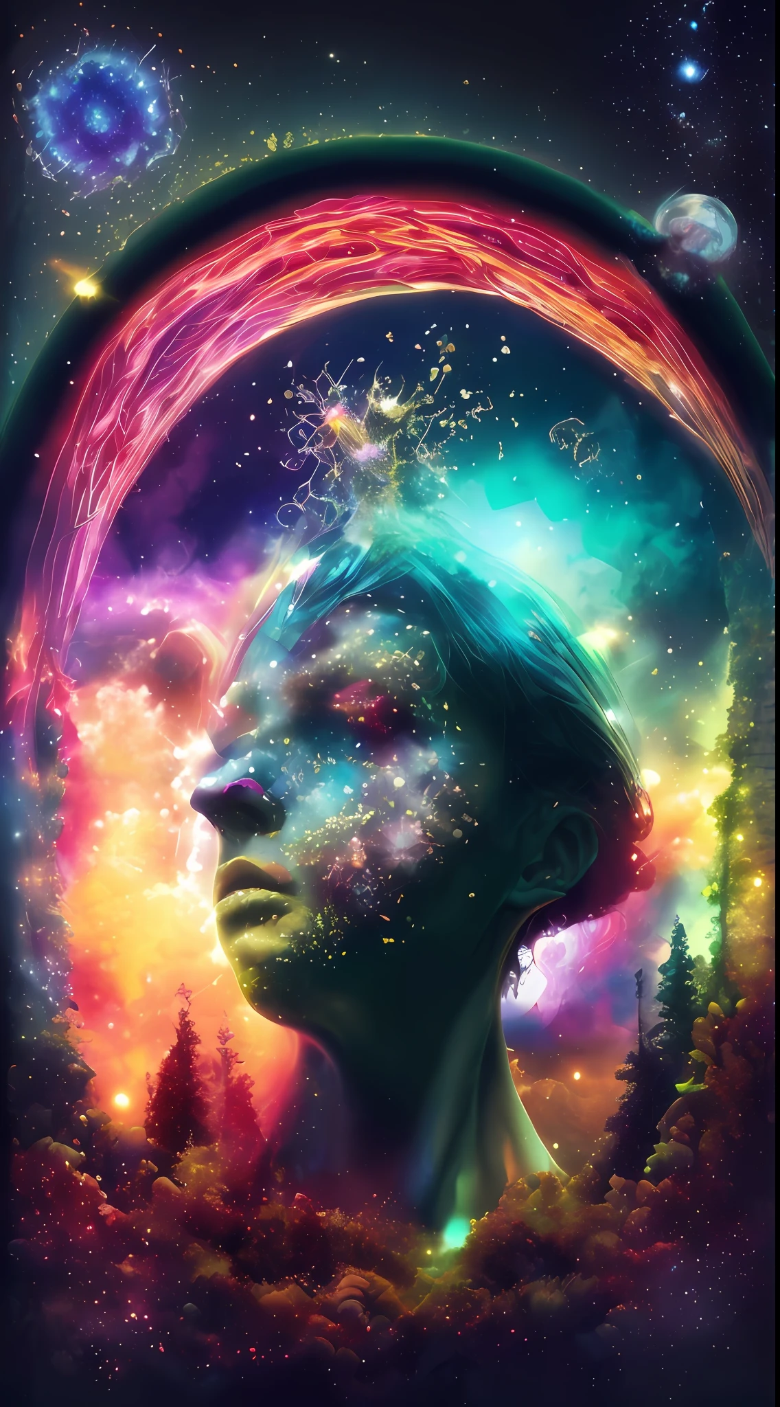 Incredible and spectacular scene, a "((high quality)), (detailed)), ((fantasy)), illustration, perspective (45 degree tilt angle), theme (enchanted forest style), scene elements (handsome boy, beautiful girl), picture quality (3D rendering effect), exquisite details, beautiful lights "emerge from glowing clouds, fractal nebula lines, cosmic entities, celestial bodies, universes, vibrant and vivid, swirling, rotating, impractical, high contrast, co-metabolic, magical, mysterious, mysterious, surreal, Oversaturated, colorful