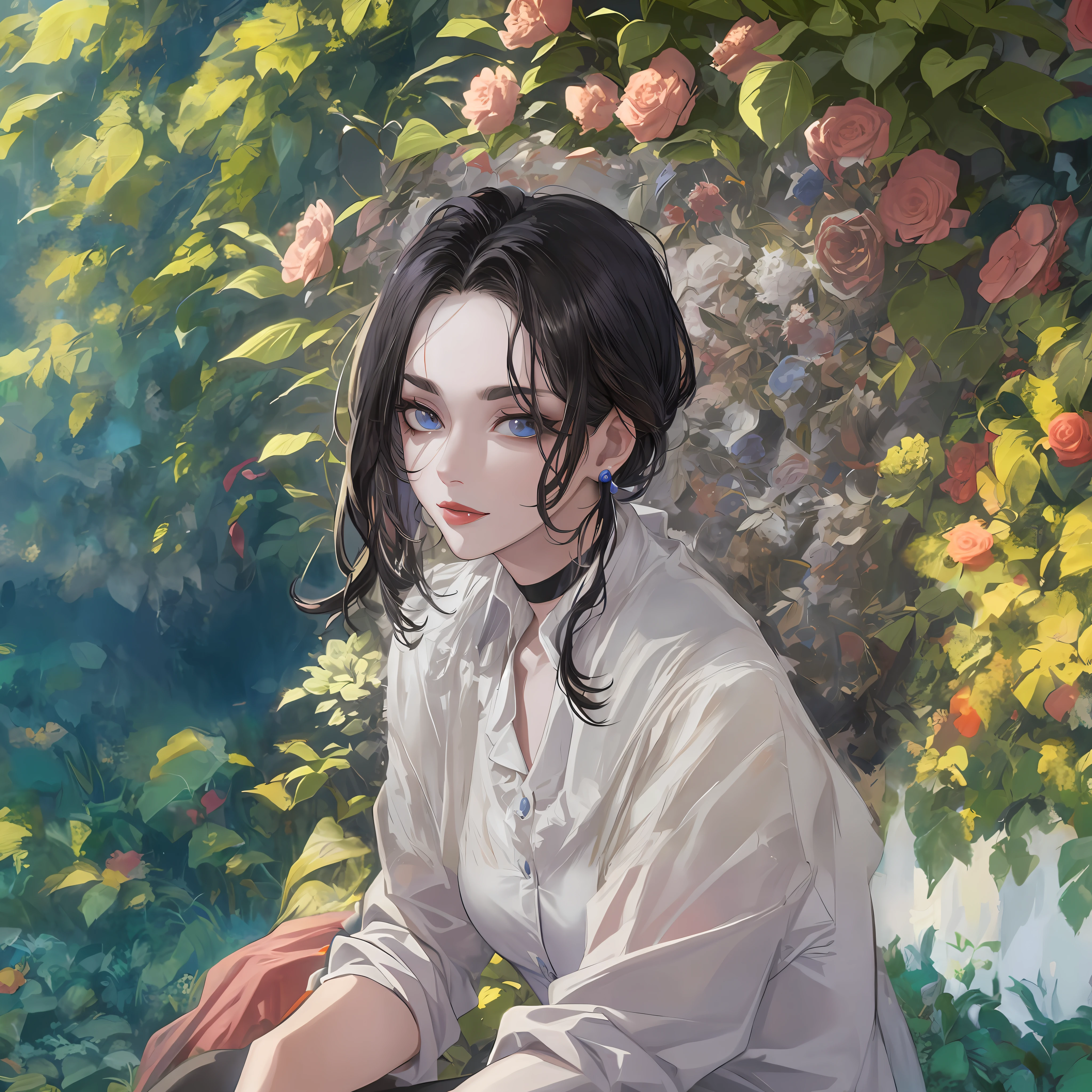 "Replace selected area with a stunning red rose garden background, high in detail and quality, best viewed in ultra high resolution CG artwork. Bring alive the essence of nature with floating petals, wind-blown leaves, vibrant colors and illuminating shadows, all captured in a dynamic angle and pose, complimented by a cloudless, blue sky. Let the radiant beauty of the rose garden become the backdrop of your creation,