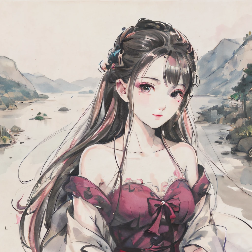 masterpiece, best quality, official art, 8k wallpaper, highly detailed, illustration, 1 girl, pink hair, long hair, detailed eyes, forrest, bare shoulders, lakes, pure, soft smile,