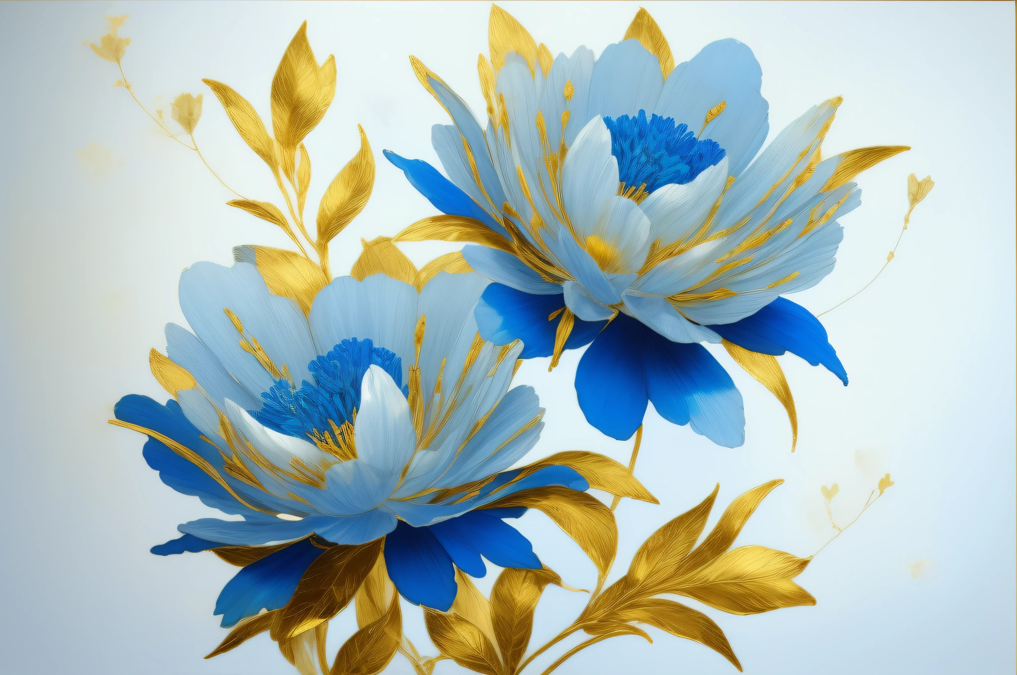 painting of two blue flowers with gold leaves on a white background, elegant and refined painting, gold flaked flowers, gold and blue, elegant flowers, blue - petals, blue flowers, large opaque blossoms, beautiful large flowers, blue and white and gold, incredibly beautiful, high detailed), by Paul Davis, exquisite fine art, by Liang Kai, gold flowers