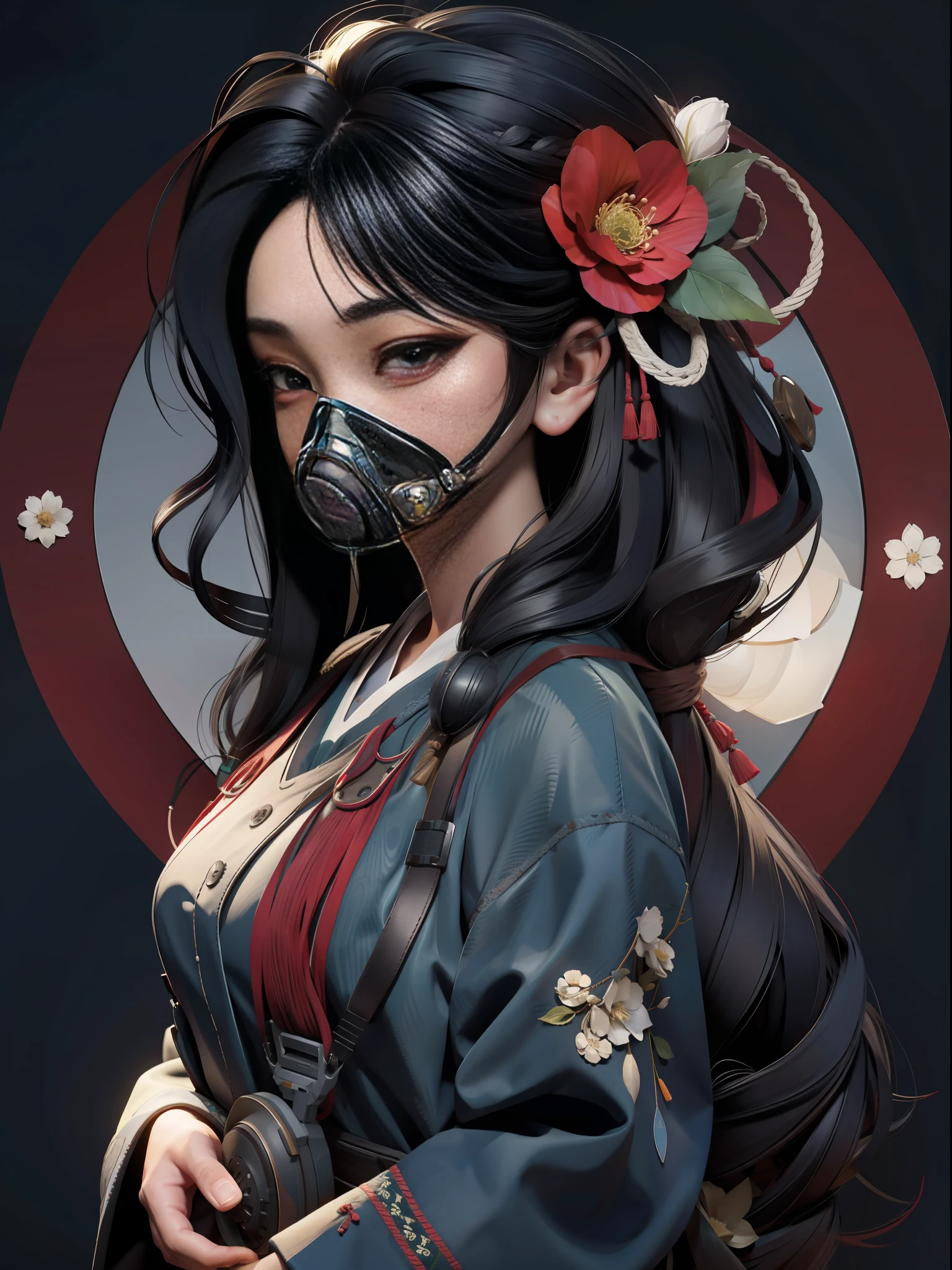 (Official Art, Unity 8k wallpaper, super detailed, high quality, best quality),
(Zen Entanglement, Mandala, Tangled, Entanglement: 0.6), (Red, Black), Flat Color, Limited Color Palette, Low Contrast, (1 Girl: 1.2), Solo, Seraf, Long Straight Black Hair, Garlic Flower, (Gloomy), (Gas Mask: 1.3),