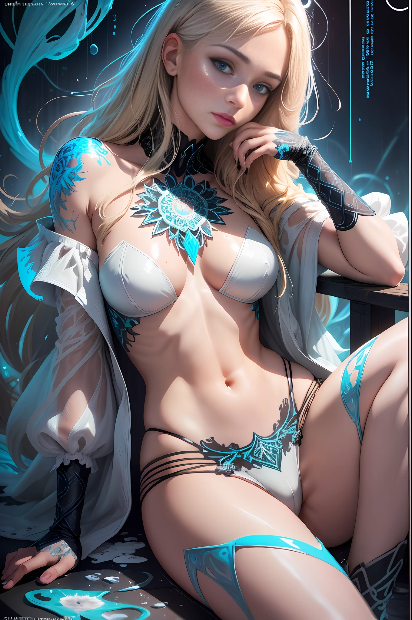 beautiful caucasian woman wearing trendy clothing, light blond hair, Attractive posing, Full body, perfect detailed face, frame the head, Odd-eye, glamour, wear wet see-through white T-shirt, wet skin, Wet hair, rain, hyperdetailed painting, luminism, art by Carne Griffiths and Wadim Kashin concept art, 4k resolution, fractal isometrics details bioluminescens , 3d render, octane render, intricately detailed , cinematic, trending on artstation Isometric Centered hypereallistic cover photo awesome full color, hand drawn, gritty, realistic mucha, intricate, hit definition, cinematic, Rough sketch, bold lines, on paper.