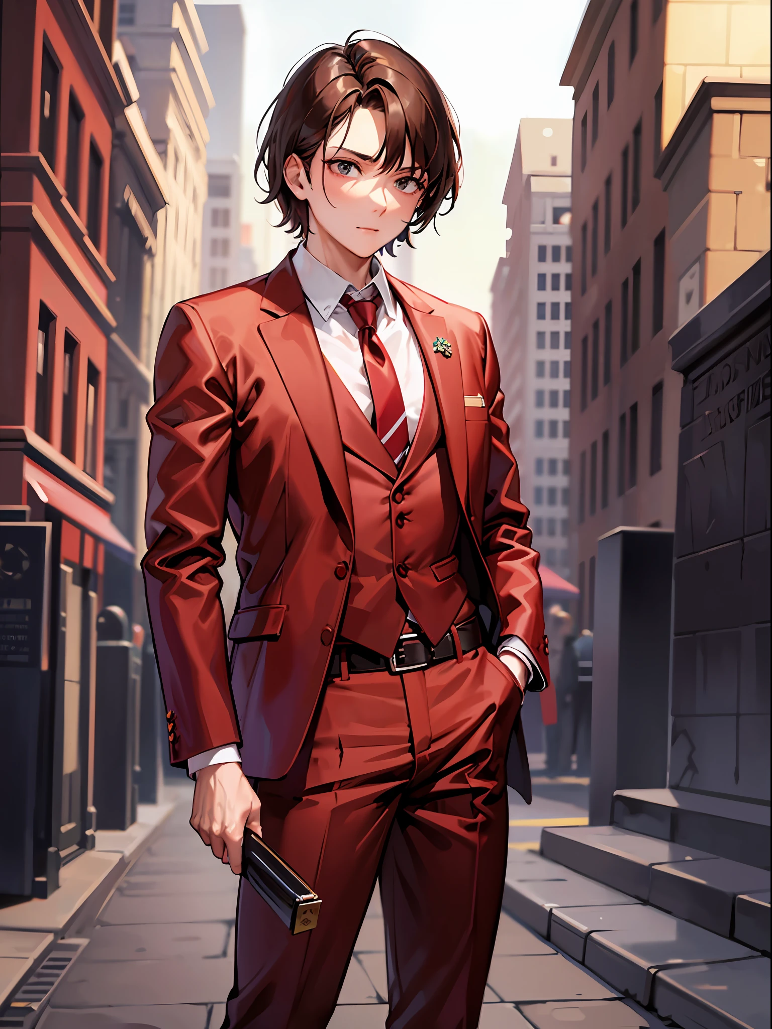 medium brown hair, open red suit, brown button shirt inside, red tie, red waist belt, brown shoes, cemetery