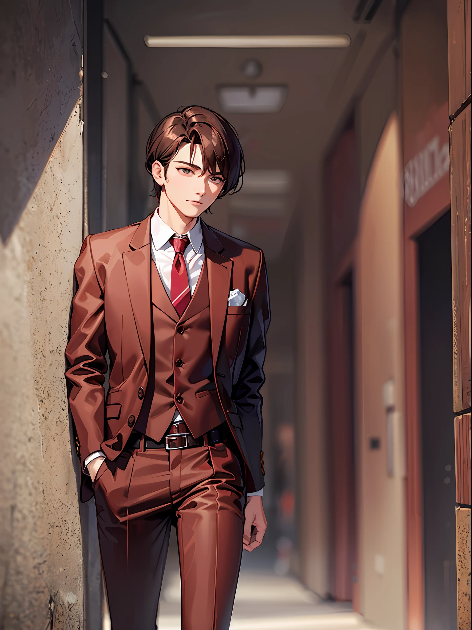 medium brown hair, open red suit, brown button shirt inside, red tie, red waist belt, brown shoes, cemetery