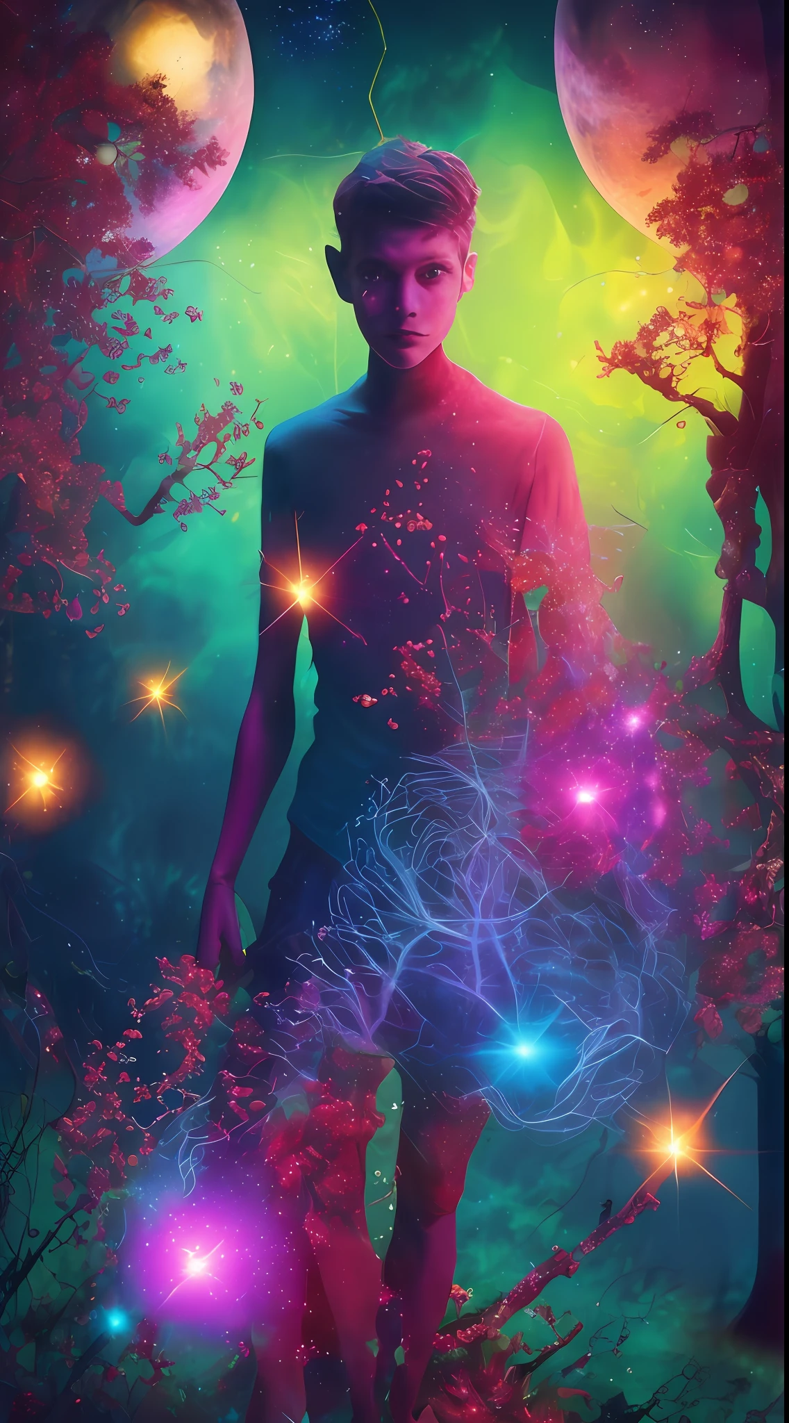 Incredible and spectacular scene, a "((high quality)), (detailed)), ((fantasy)), illustration, perspective (45 degree tilt angle), theme (enchanted forest style), scene elements (handsome boy, beautiful girl), picture quality (3D rendering effect), exquisite details, beautiful lights "emerge from glowing clouds, fractal nebula lines, cosmic entities, celestial bodies, universes, vibrant and vivid, swirling, rotating, impractical, high contrast, co-metabolic, magical, mysterious, mysterious, surreal, Oversaturated, colorful