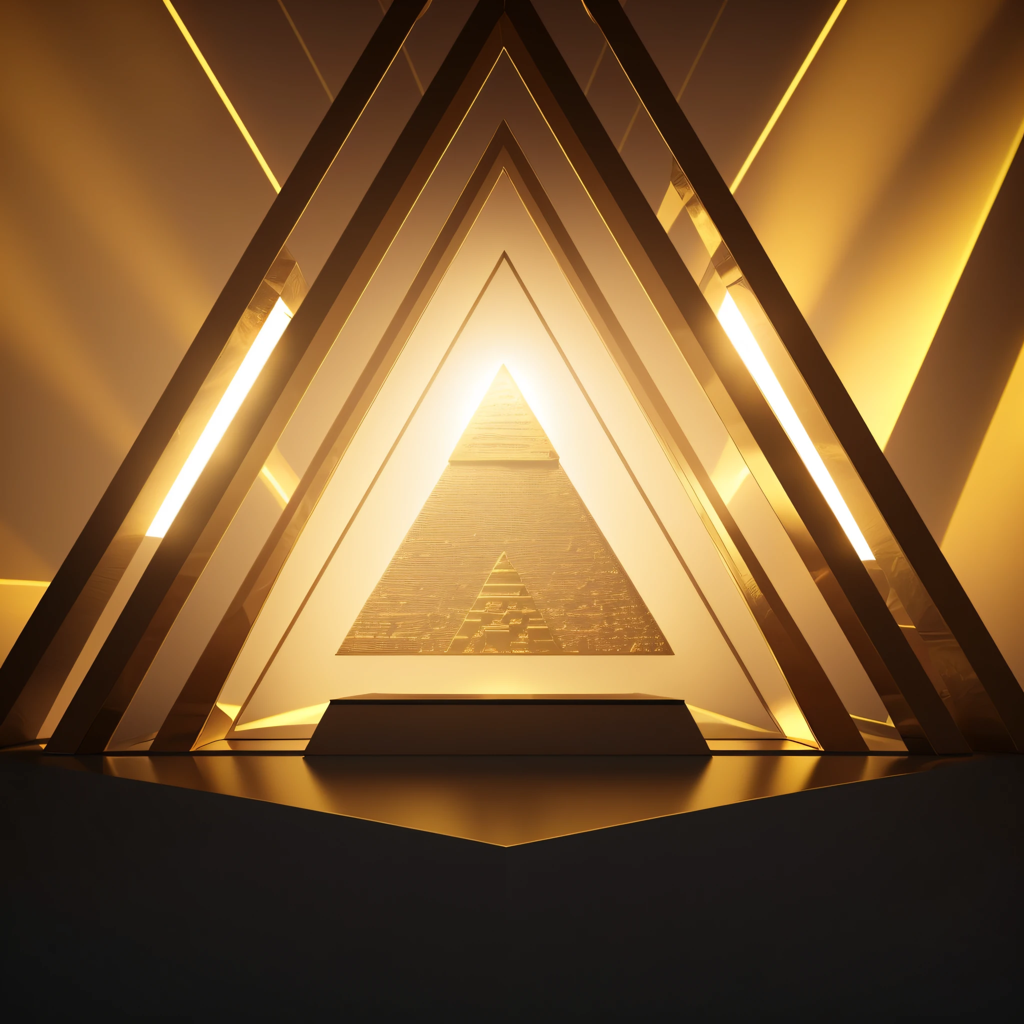 arafed image of a podium with a light shining through it, pyramid background, futuristic room background, best on adobe stock, geometric 3d render, geometric 3 d render, gold background, well lit 3 d render, award winning 3d render, set photo, golden pyramids, triangles in background, dramatic lighting render, gold, volumetric lighting futuristic