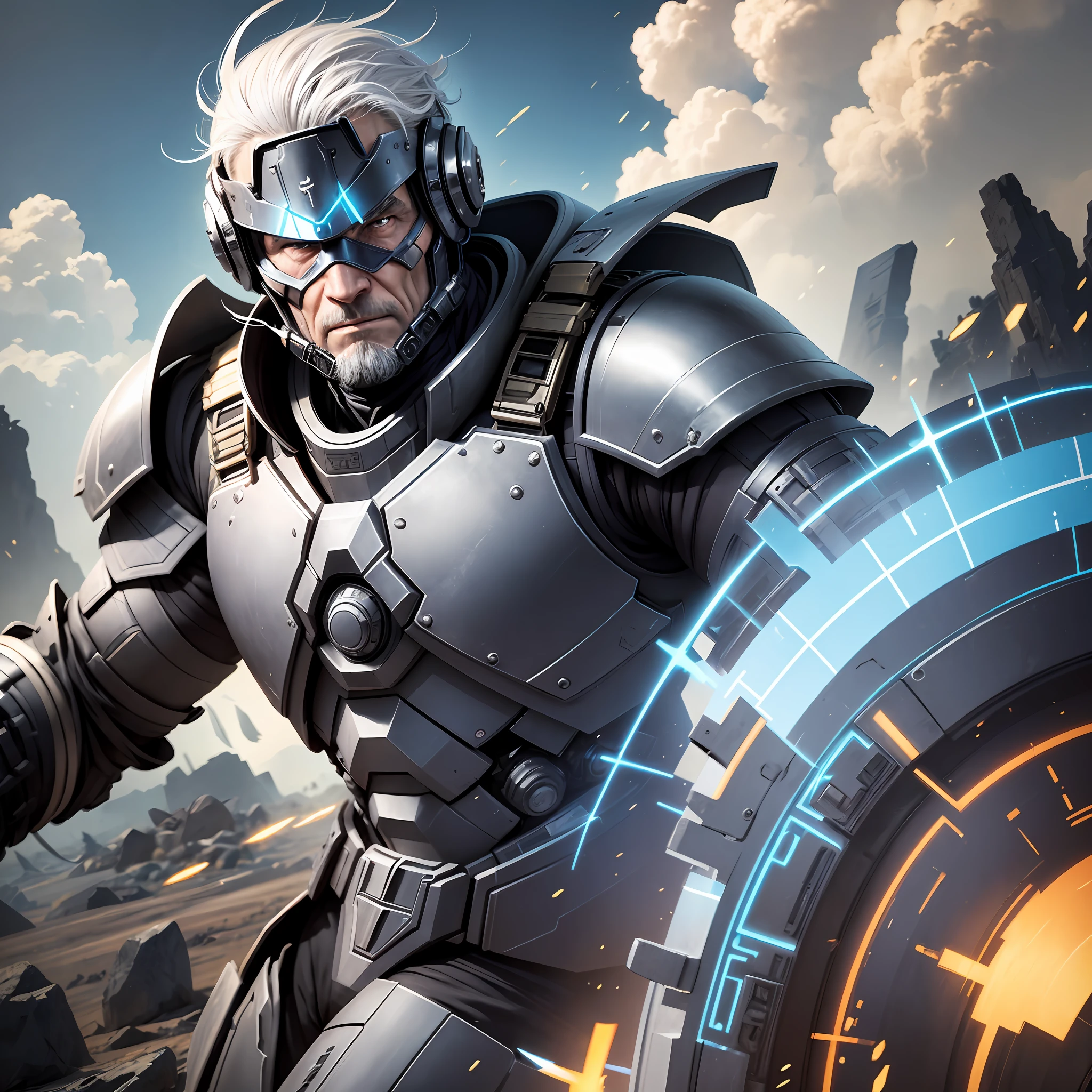 A 50-year-old battlefield soldier, with tough features and white hair, can be seen as an experienced and highly respected veteran. His advanced age can be seen as an advantage as he can have a broader perspective and a deeper understanding of the battlefield. He may have been through many conflicts and have extensive experience in military operations. In addition, his advanced armor and special abilities, along with his experience, make him a force to be reckoned with on the battlefield. He can be a natural leader and be known for his ability to make quick decisions under pressure --auto --s2