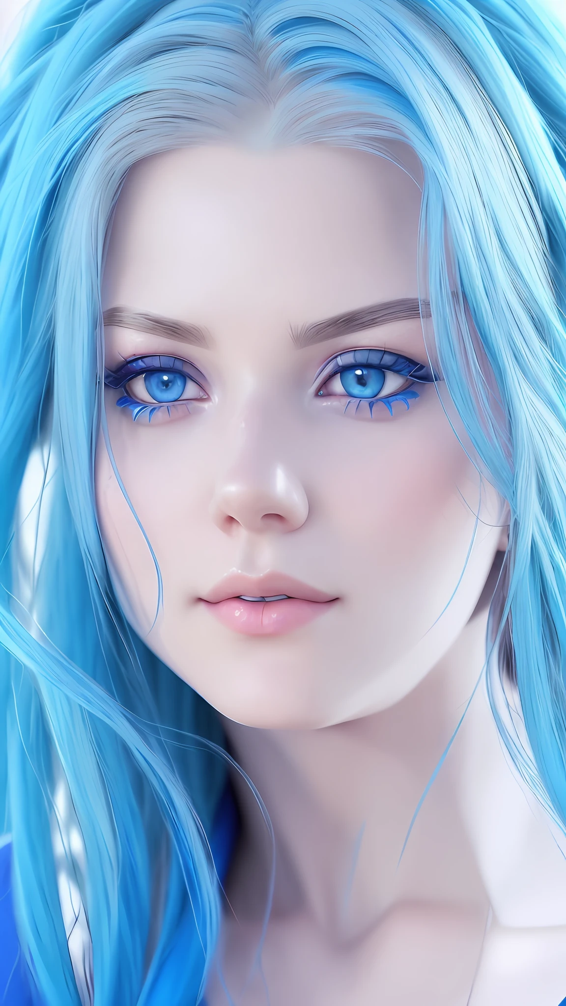 a close up of a woman with blue hair and blue eyes, azure. detailed hair, beautiful blue haired girl, stunning anime face portrait, blue realistic 3 d render, pretty girl with blue hair, photorealistic anime girl render, detailed portrait of anime girl, girl with blue hair, realistic artstyle, azure eyes, realistic digital art 4 k, realistic digital art 4k