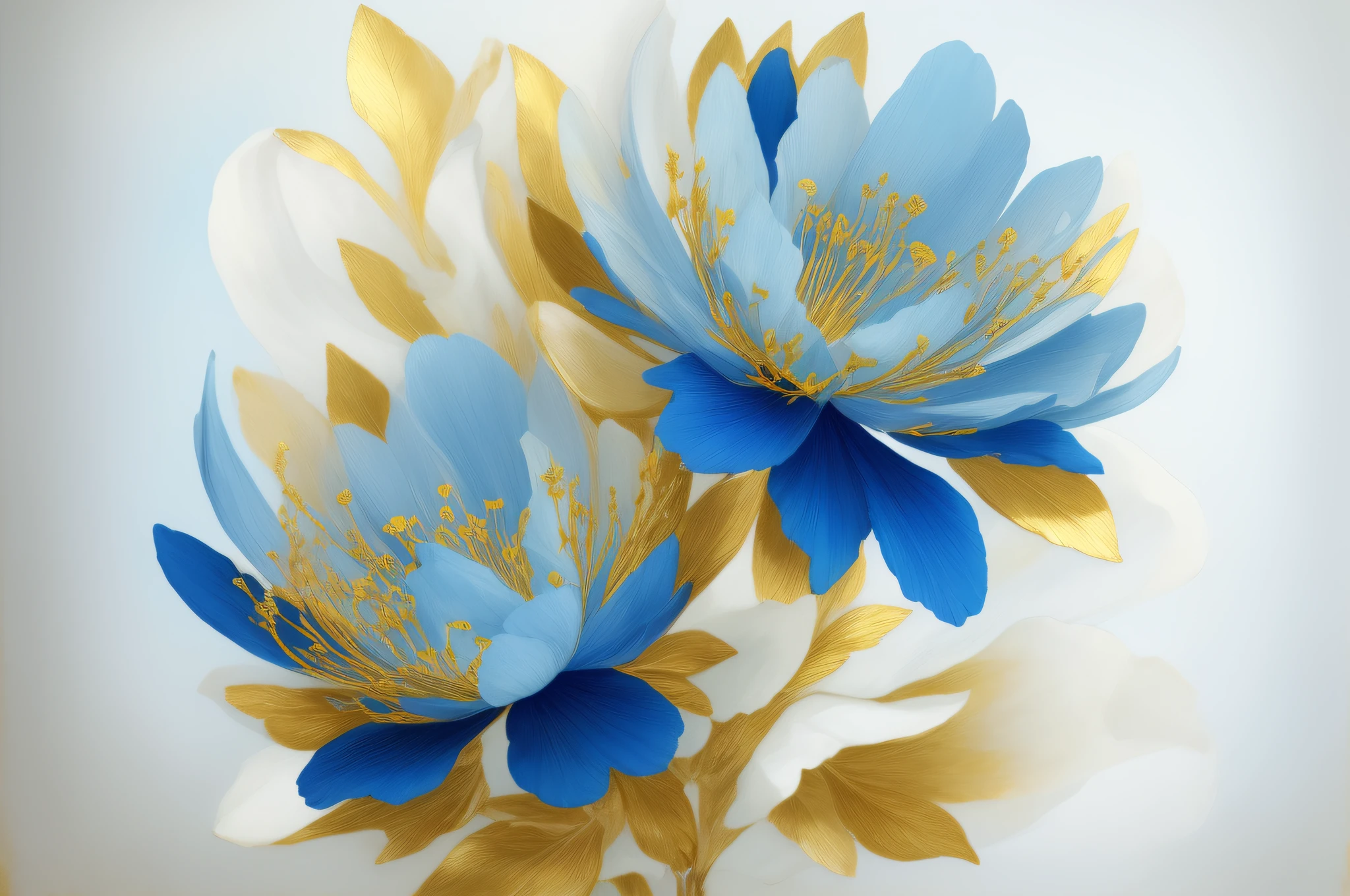 painting of two blue flowers with gold leaves on a white background, elegant and refined painting, gold flaked flowers, gold and blue, elegant flowers, blue - petals, blue flowers, large opaque blossoms, beautiful large flowers, blue and white and gold, incredibly beautiful, high detailed), by Paul Davis, exquisite fine art, by Liang Kai, gold flowers