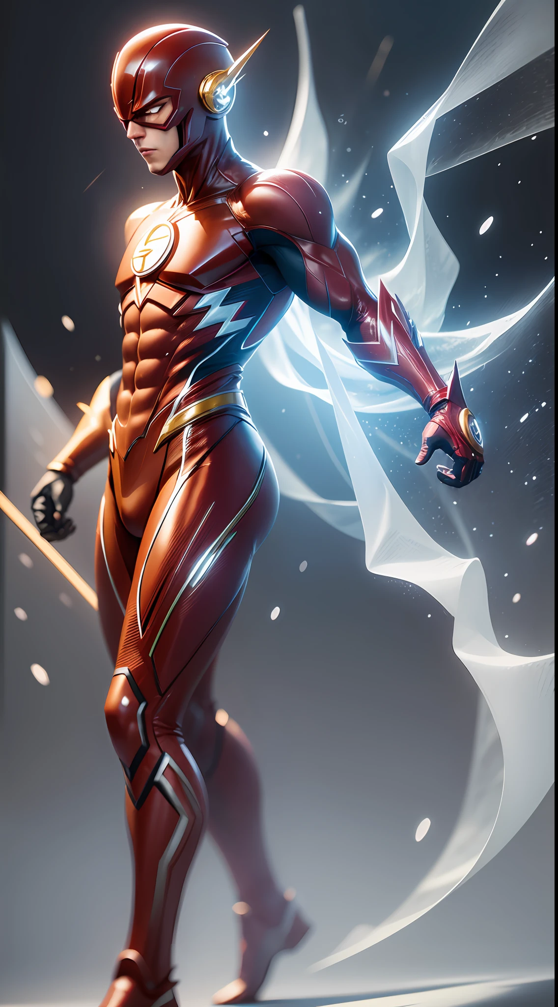 flash, the flash, superhero, hero, dc, 3d, realistic, red suit with yellow details, white background, man, yellow rays, symbol of the flash superhero, flash costume, background with snow, snowing, white background, background white color, predominant white color, futuristic, technology, detailed detailed, fine details, detailed body, hyper detailed, full body, soft diffused lighting, depth of field, full body, intricate, high detail, sharp focus, full body + ultra , realistic, detailed, ultra realistic details, cinematic Clear Light style + full body, 8k, rendering, ultra detailed , side light, sunlight beauty, clear light --auto --s2