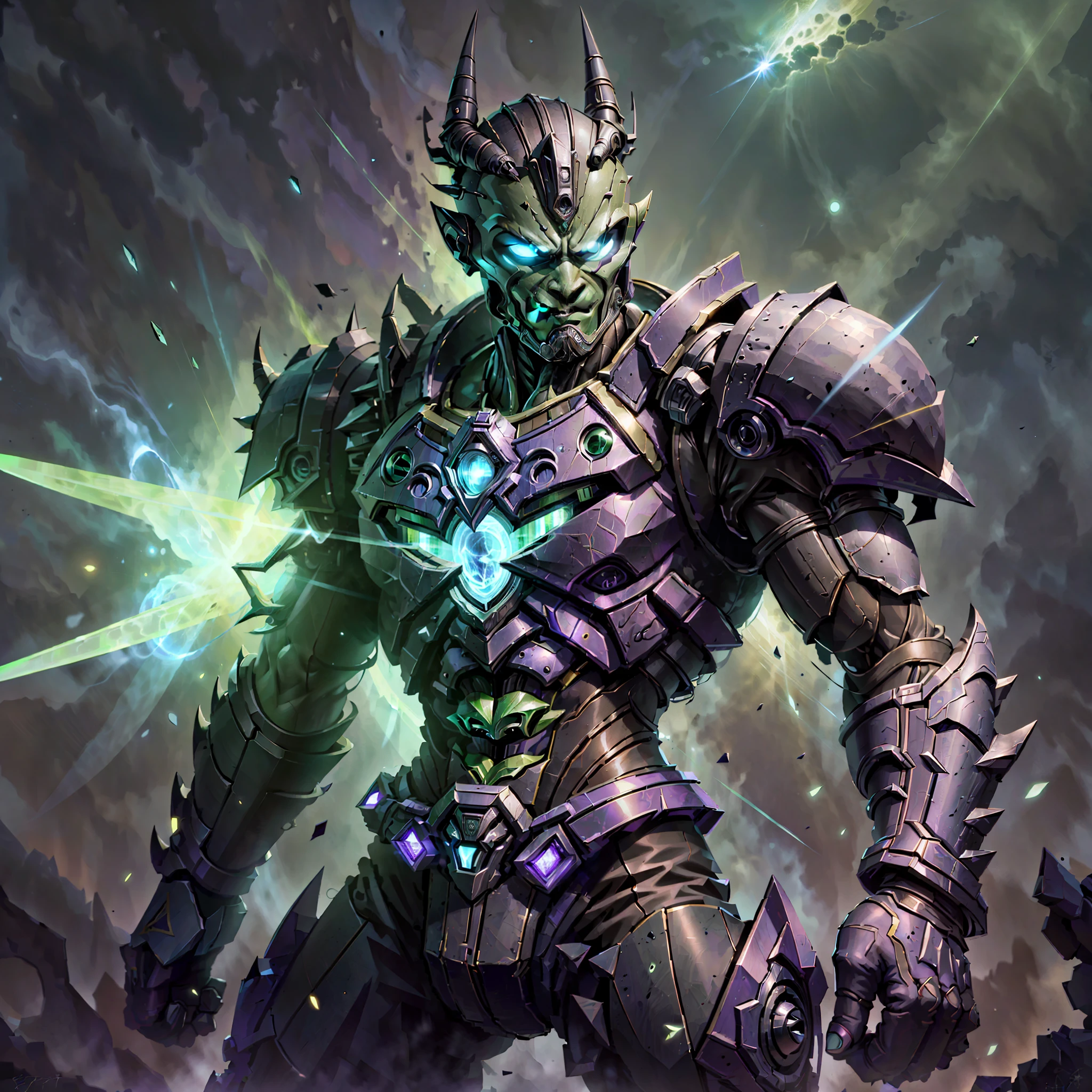 (ultra high res), ((photorealistic)), ((Hyperrealism)), fusion, Ecliptor from Power Ranger, Zurg, cannon made of alien technology in right hand, high-tech green sword in left hand,, anatomically correct, HD, best quality, 16k, extremely detailed,
