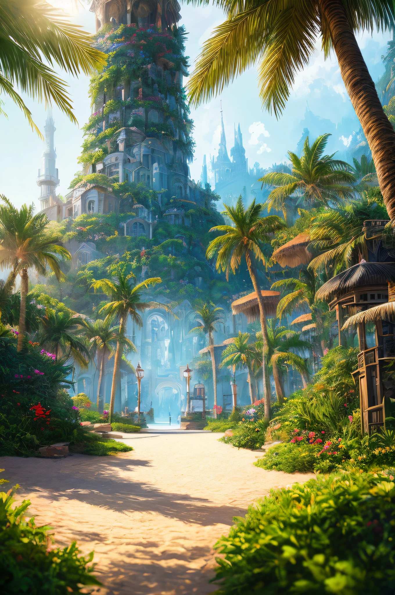 masterpiece, best quality, high quality, extremely detailed 8k wallpaper of CG unit, a charming and dreamy scene of a fantasy beach, with tall imperial palm trees, bright tambourines, creating a sense of mystique and enchantment, artistic station, digital illustration, intricate, trend, pastel colors, oil painting, award-winning photography, Bokeh, depth of field, chromatic aberration, photorealistic, extremely detailed, trend in artstation, trend in CGsociety, intricate, high detail, dramatic, art in the middle of the journey