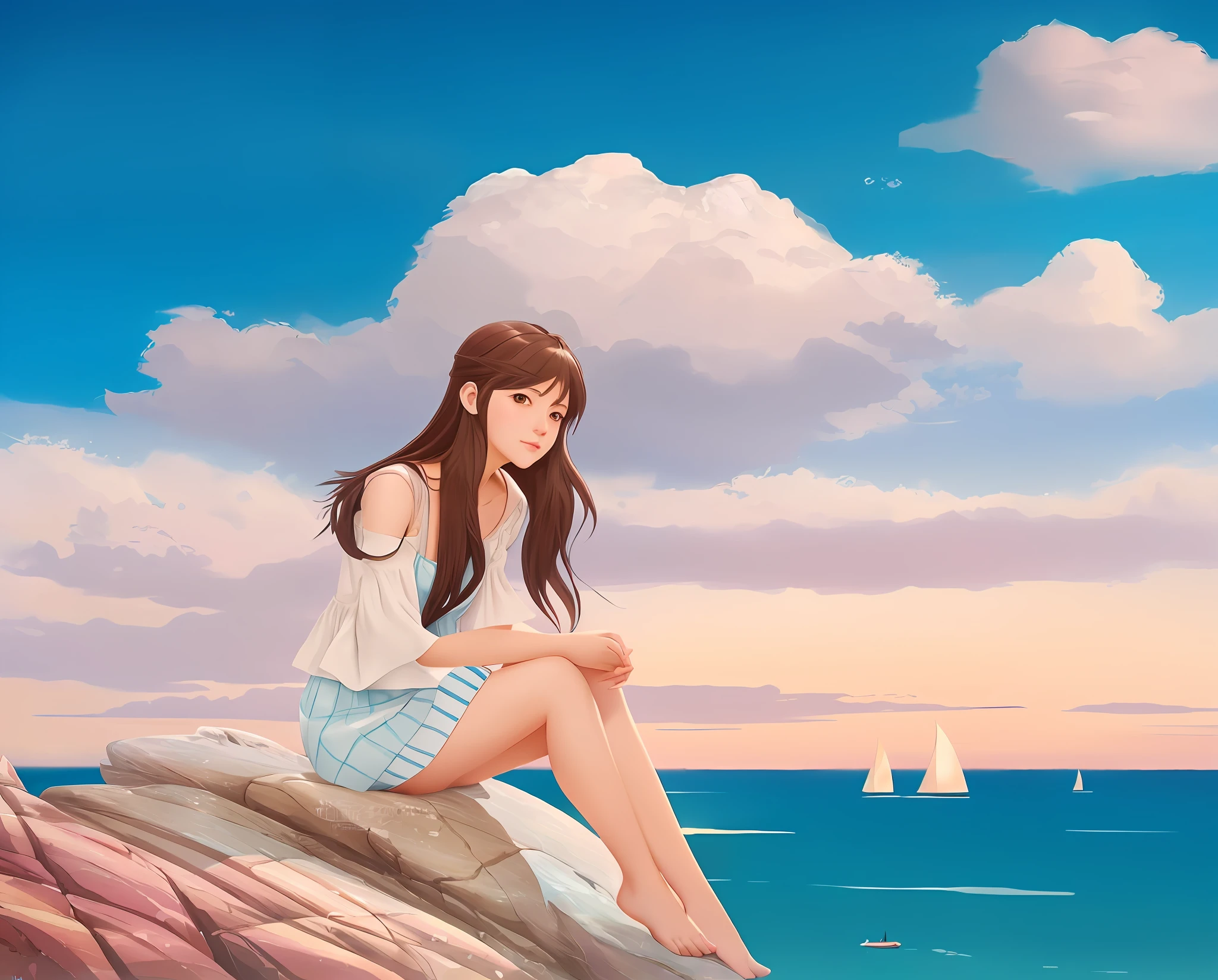 painting of a woman sitting on a rock looking out at the ocean, a beautiful artwork illustration, in the art style of bowater, serene illustration, beautiful digital illustration, makoto shinkai art style, made with anime painter studio, painted in anime painter studio, makoto shinkai cyril rolando, beautiful girl on the horizon, realistic cute girl painting