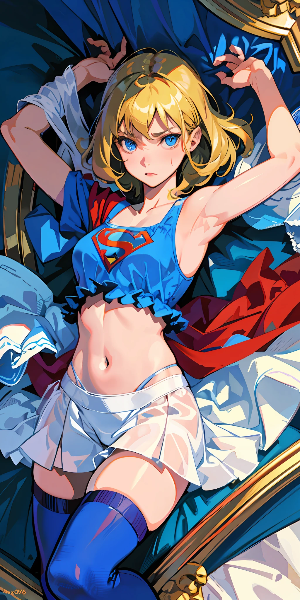 supergirl masterpiece, top quality, high resolution, solo, small, indoor, transparent, scruffy bra, t-back side tie, lying down, from above, open arms, anger, bed, shaggy underwear, rough breath, blonde, blue eyes, superman symbol, sexual expression