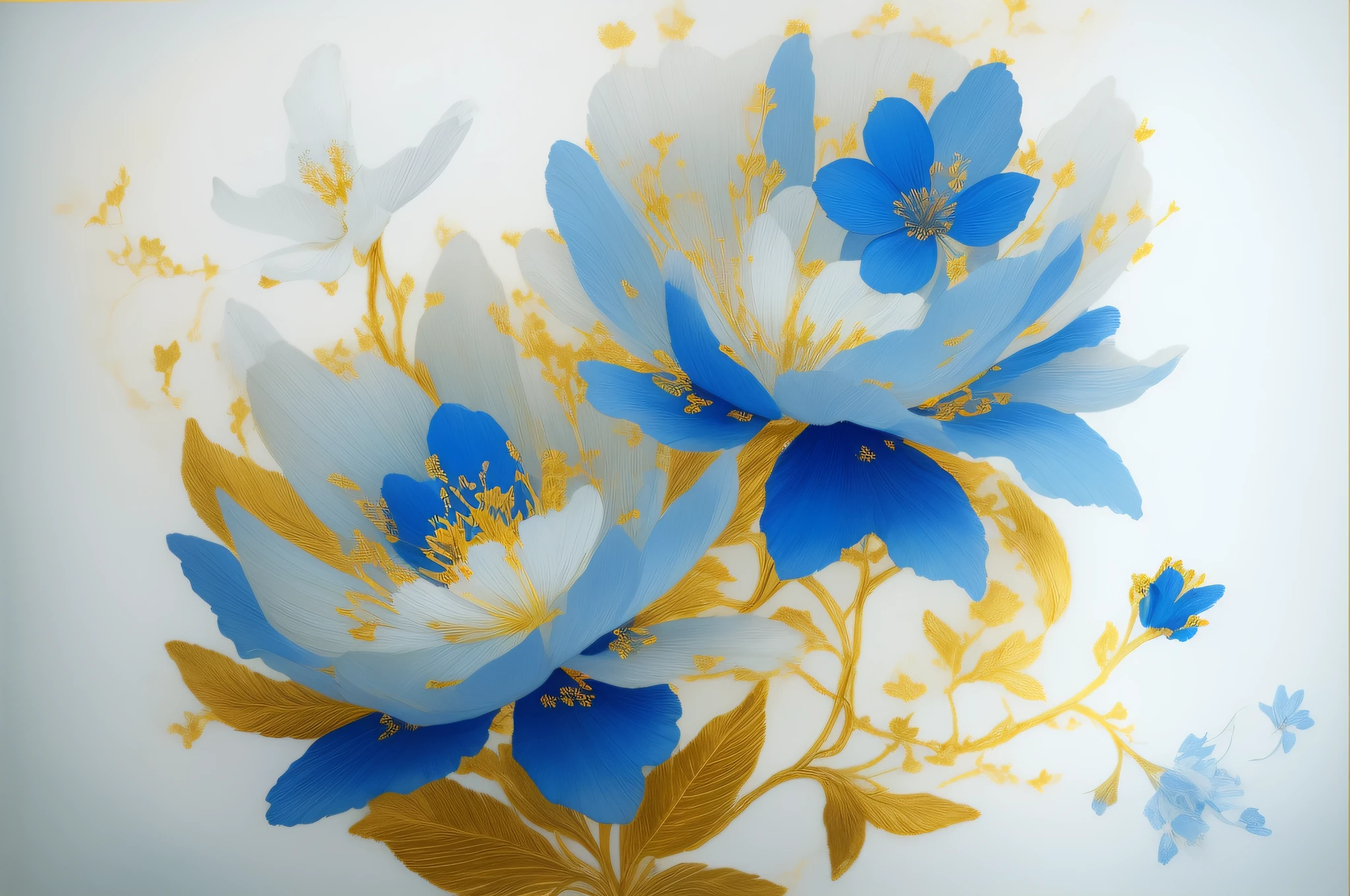 painting of two blue flowers with gold leaves on a white background, elegant and refined painting, gold flaked flowers, gold and blue, elegant flowers, blue - petals, blue flowers, large opaque blossoms, beautiful large flowers, blue and white and gold, incredibly beautiful, high detailed), by Paul Davis, exquisite fine art, by Liang Kai, gold flowers