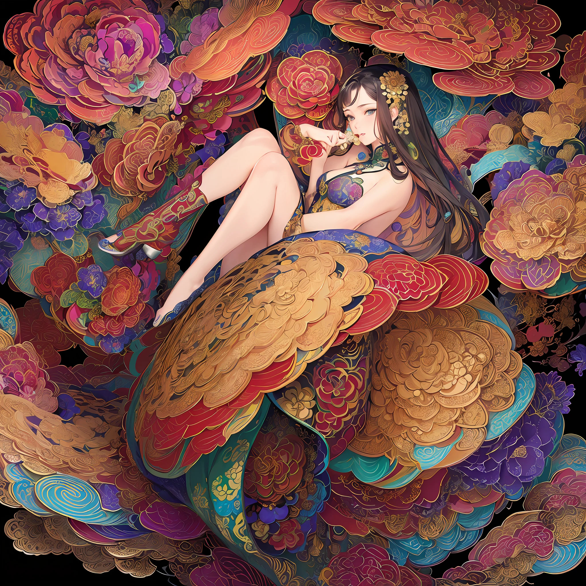(masterpiece, top quality, best quality, official art, beautiful and aesthetic:1.2), (1girl:1.3), extremely detailed,(fractal art:1.1),(colorful:1.1)(flowers:1.3),highest detailed,(zentangle:1.2), (dynamic pose), (abstract background:1.3), (chinese Traditional cloth:1.2), (shiny skin), (many colors:1.4), ,(earrings:1.4),