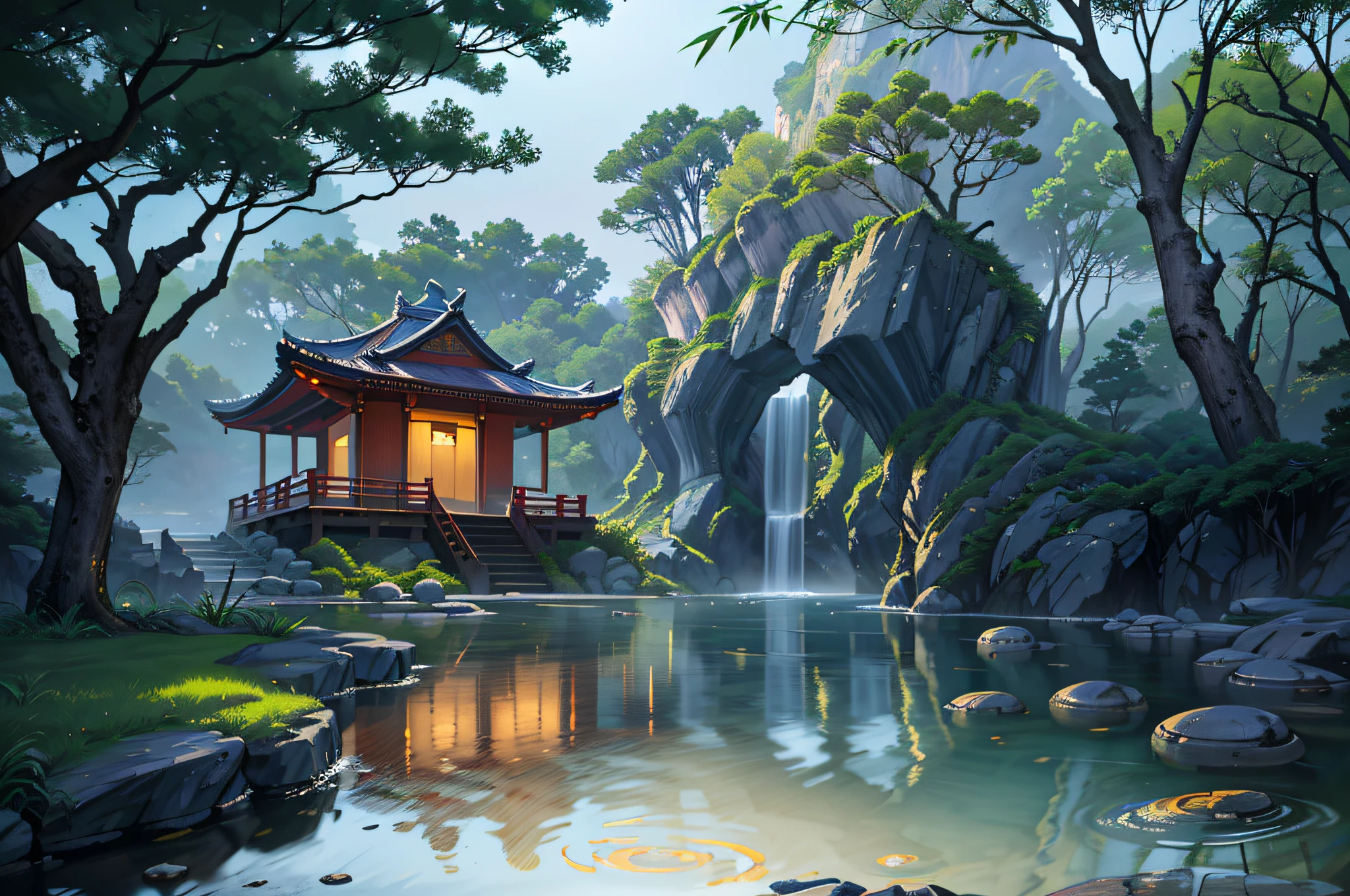 Ancient Chinese architecture, cool colors, dark night, moon, garden, bamboo, lake, stone bridge, rockery, arch, corner, tree, running water, landscape, outdoor, waterfall, grass, rock, dense fog, (Illustration: 1.0) , Epic Composition, HD Details, Masterpiece, Best Quality, (Very Detailed CG Unity 8k Wallpapers) --v 6